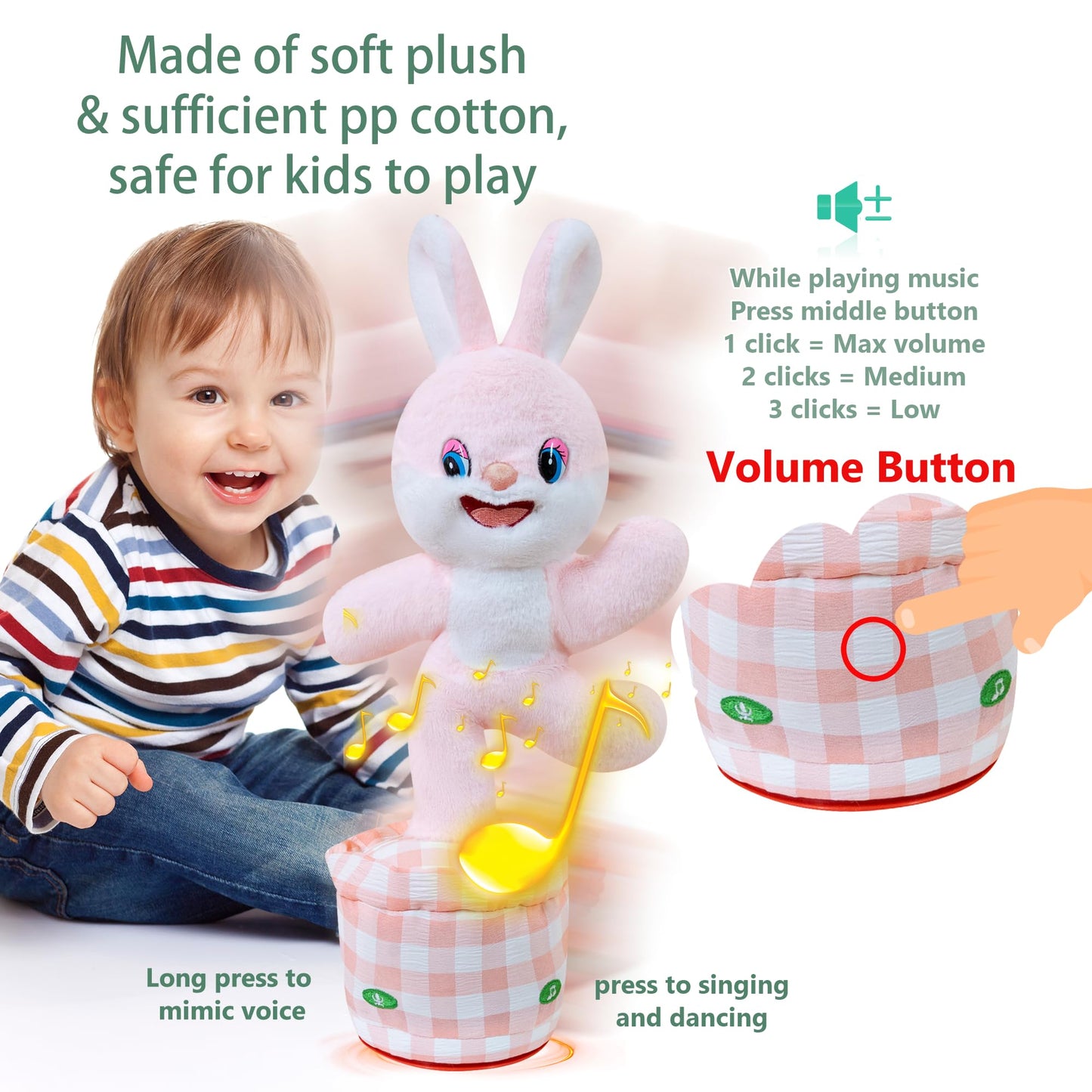Talking Dancing Bunny Baby Toy for Kids Interactive Plush Toddlers Toys Talking Bunny Repeats What You Say Realistic Plush Educational Toy Teen Easter Bunny Basket stuffers Gifts Girls Boys Birthday
