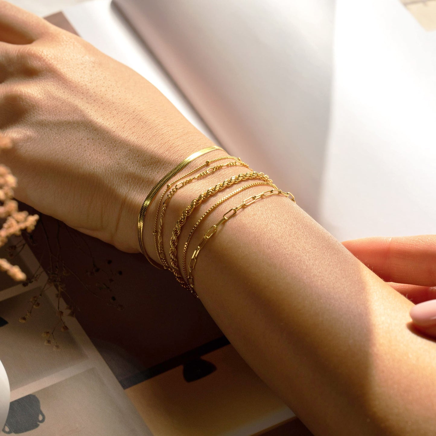 DEARMAY 14K Gold Plated Bracelets for Women Jewelry Sets for Women Trendy Dainty Stackable Paperclip Rope Snake Box Figaro Chain Bracelets Pack Costume Fashion
