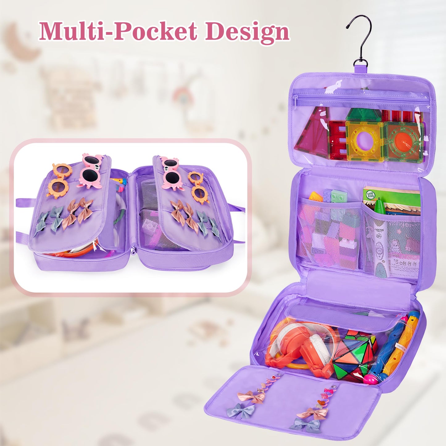 Kids Travel Toy Organizer with Hanging Hook, Storage Bags with Multi-compartments for Child’s Toys, Snack or Other Essentials, Water-resistant Toiletry Carrying Bag, Two Way Zipper, Purple (Bag Only)