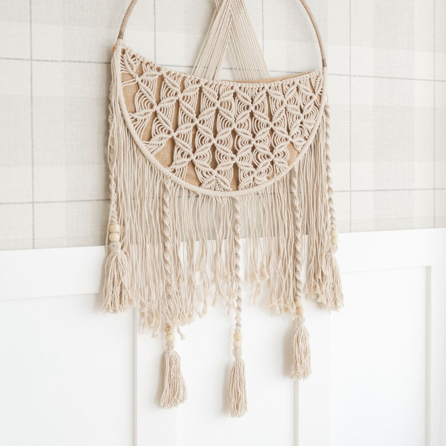 Crane Baby Charlie Farmhouse Macramé Boho Toy Bin with Tassels, Hanging Basket Nursery Decor, Stuffed Animal Storage, Wall Organizer for Playroom, Boho Baby Room Decor& Kids Room Organization