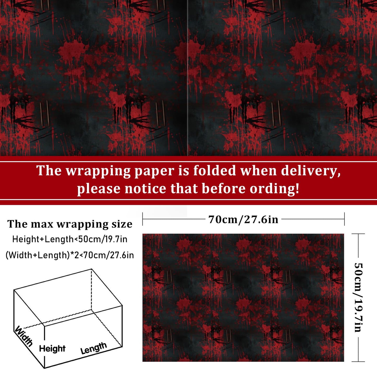 Whaline 12 Sheets Halloween Bloody Wrapping Paper - Not Roll - Scary Blood Splash Gift Wrap Paper Folded Flat for DIY Crafts Holiday Horror Spooky Eve Night Party, 19.7 x 27.6 Inch