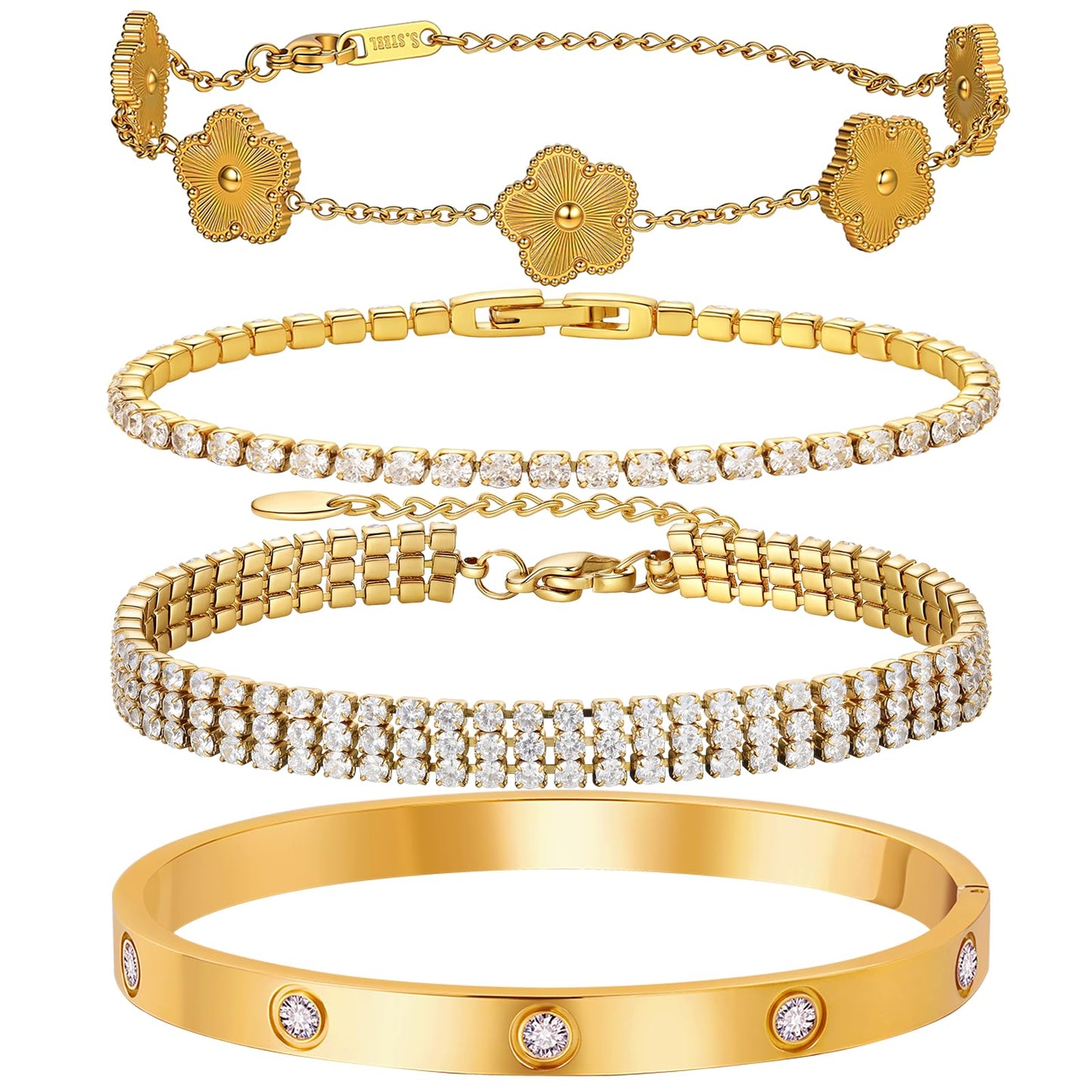 MVCOLEDY 18 K Gold Plated Love Bracelet Stack for Women 4-Piece Bracelet Shell Floral Clover Chain, Tennis Chain and Crystal Gold Bangle, Love Bracelet Design Gift Jewelry for Valentines Day