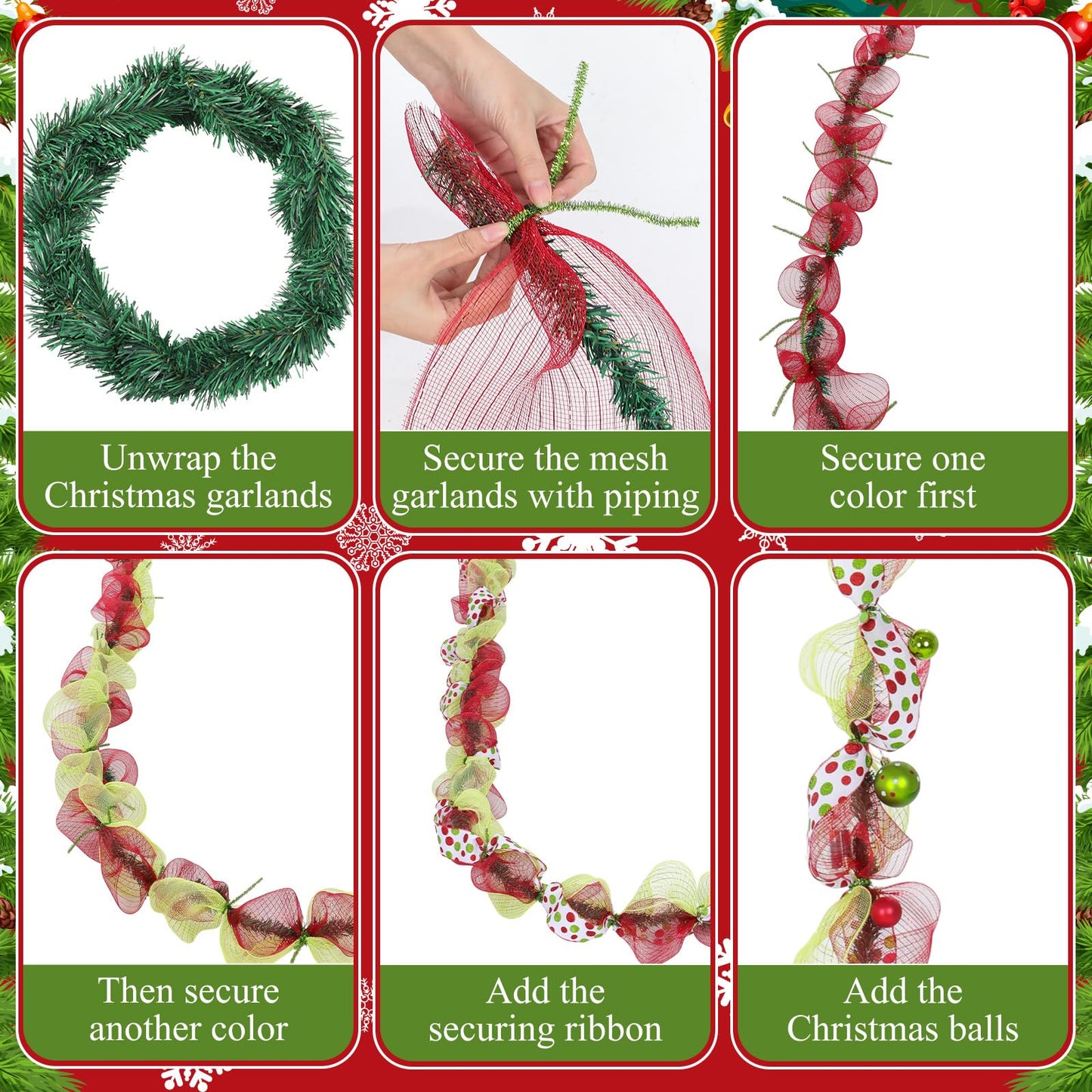 AceOrbit 28 Pcs DIY Christmas Decor Mesh Entryway Garland Decoration Metallic Mesh Ribbon Red Christmas Balls Ribbon Pine Needles Garlands Chenille Stems for Xmas Door Holiday Wreath (Stylish Style)