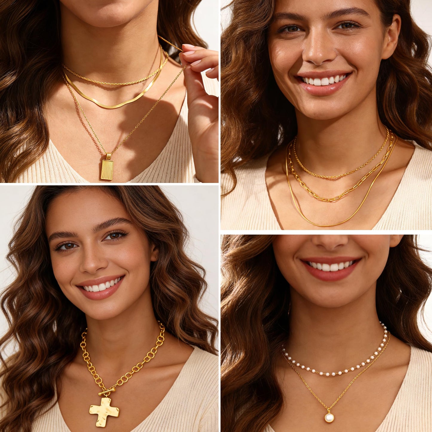 FAXHION 68 Pcs Gold Jewelry Set for Women with 7 Necklace, 17 Bracelet, 5 Hoop Earrings, 15 Stud Earrings, 24 Knuckle Rings for Women Jewelry Set for Women
