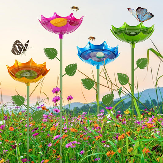 Retyion Bee Watering Station | 4 Pack Butterfly Feeder for Outside | Metal Decorative Garden Stakes | Bee Baths for Garden Yard Decor Umbrella Design (Red,Green,Blue,Yellow)