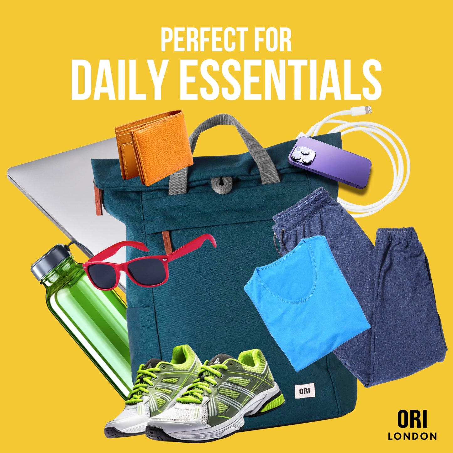 ORI LONDON Travel Backpack - Large Water-Resistant Nylon Rolltop Laptop Backpack for Men & Women - The Finchley - Burnt Blue