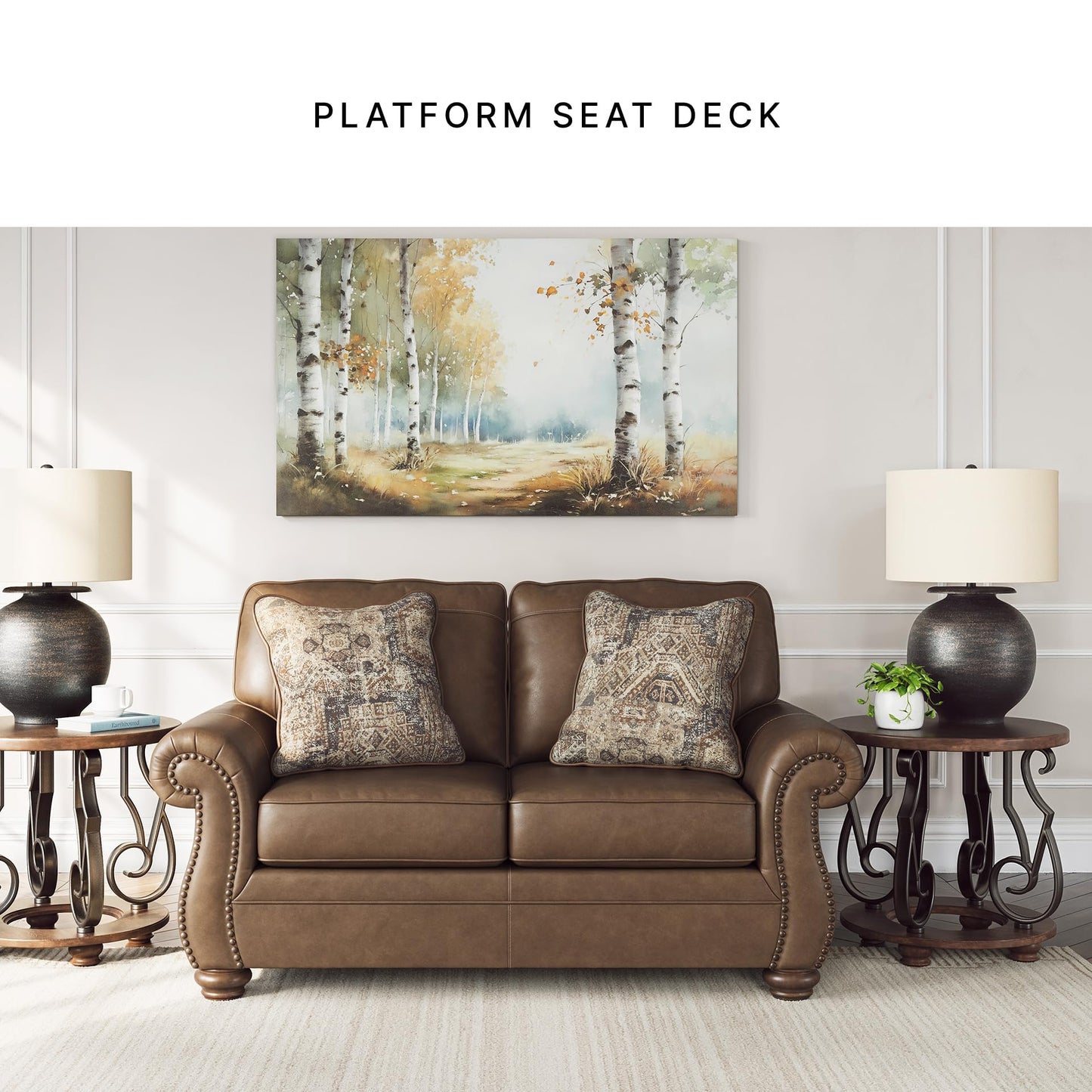 Signature Design by Ashley Shadsburne Rustic Faux Leather Loveseat with Nailhead Trim and 2 Throw Pillows, Brown