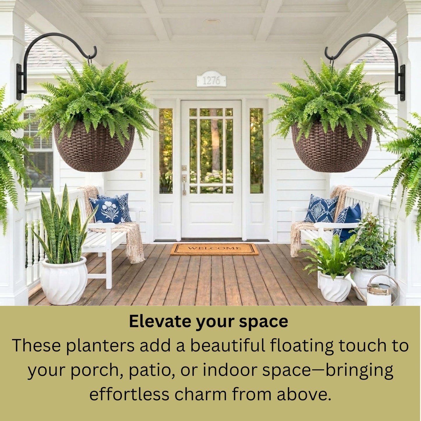 LaLaGreen Bundle- 4 Pack, 24 Inch Metal Planter with Coco Liner + 3 Pack, 11 Inch Self Watering Hanging Basket Plastic Flower Pot with Chain Outdoor Wall Mounted Balcony Fence Patio Porch Modern Decor