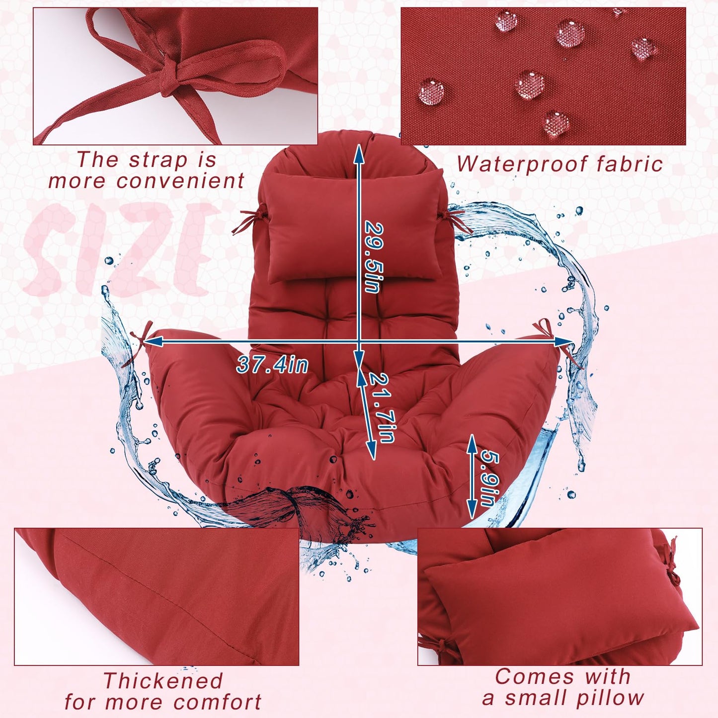 Tudomro Egg Chair Cushion Filling 2.58 kg Replacement Rocking Wicker Chair Cushions High Back Swing Hammock Egg Hanging Cushion Thicken for Indoor Outdoor Patio(Red,1 Pcs)
