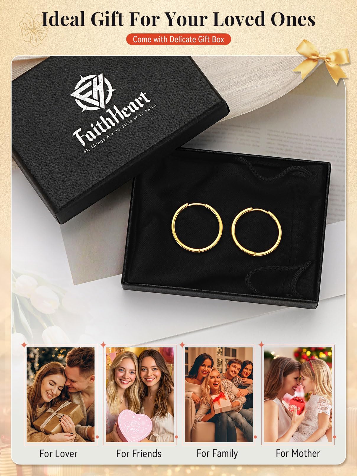FaithHeart Hoop Earrings for Women, Rose Gold Hypoallergenic Huggie Hoop Earrings, Small Cartilage Earrings for Women 18mm, Send Gift Box