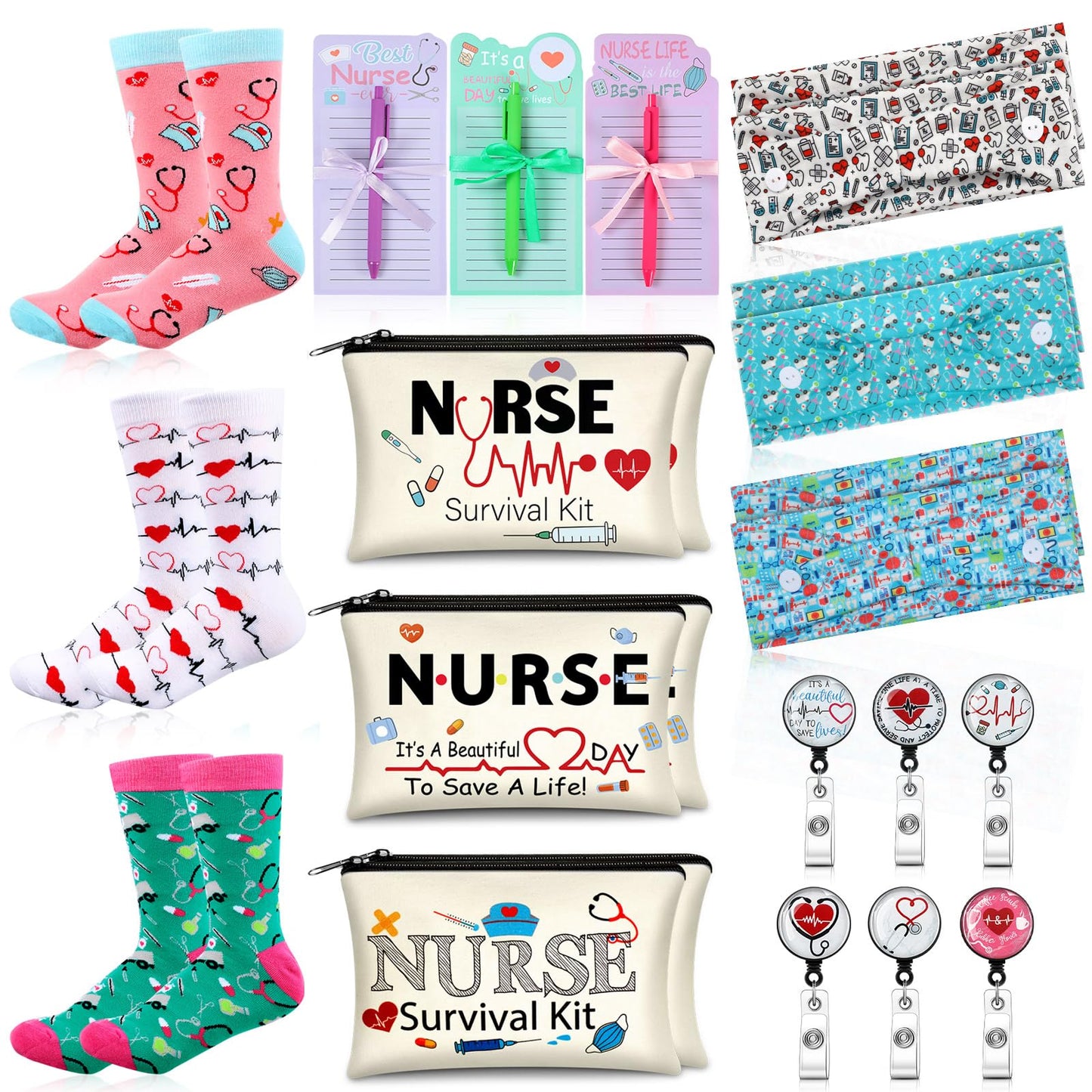 Hotop 36 Pcs Nurse Survival Kit 2026 Nurse Week Gifts Appreciation Gifts Bulk Badge Reel Makeup Bags Socks Headbands Notepads with Pen CNA Accessories for Nursing Doctors Medical Assistant Students