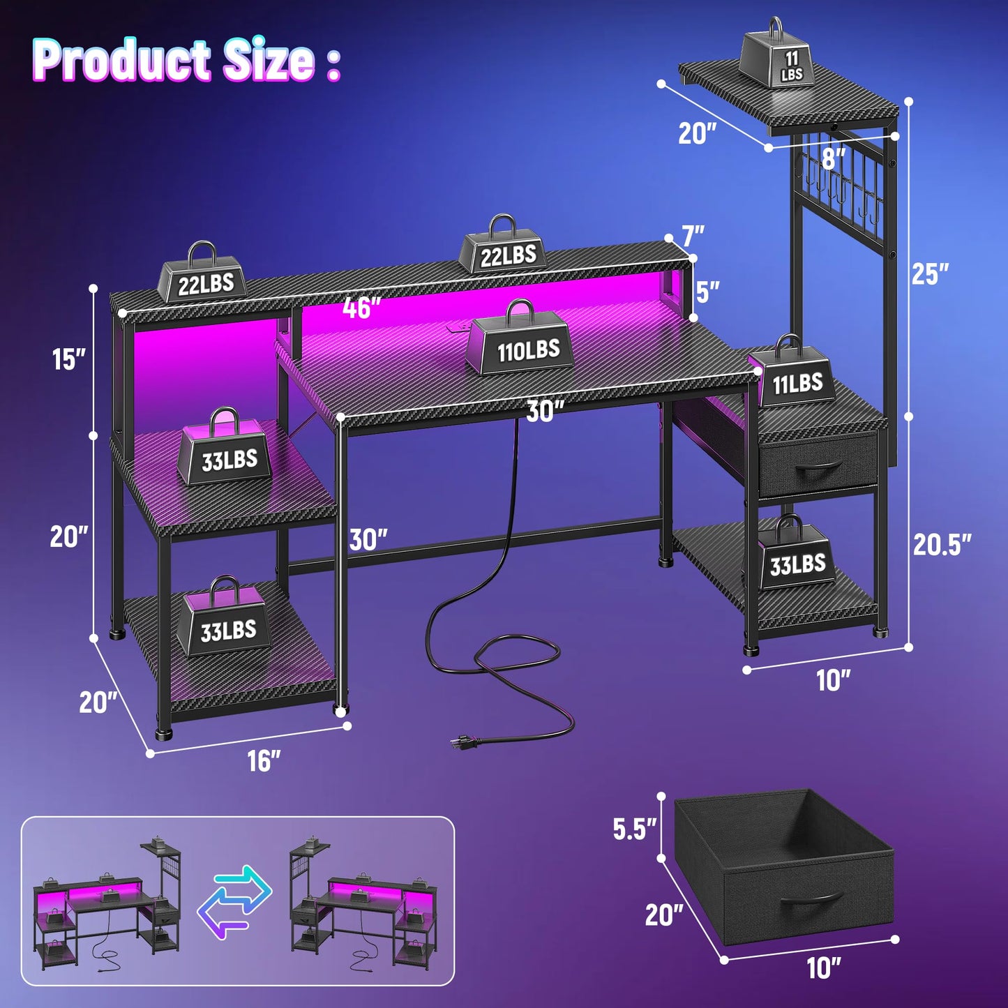 DurayLoly 55" Gaming Desk with LED Lights & Outlets,Computer Desk with Drawers & Monitor Stand,Gaming Table with Storage Shelves & Printer Space for Game Room,Study Room,Home Office,Bedroom,Black