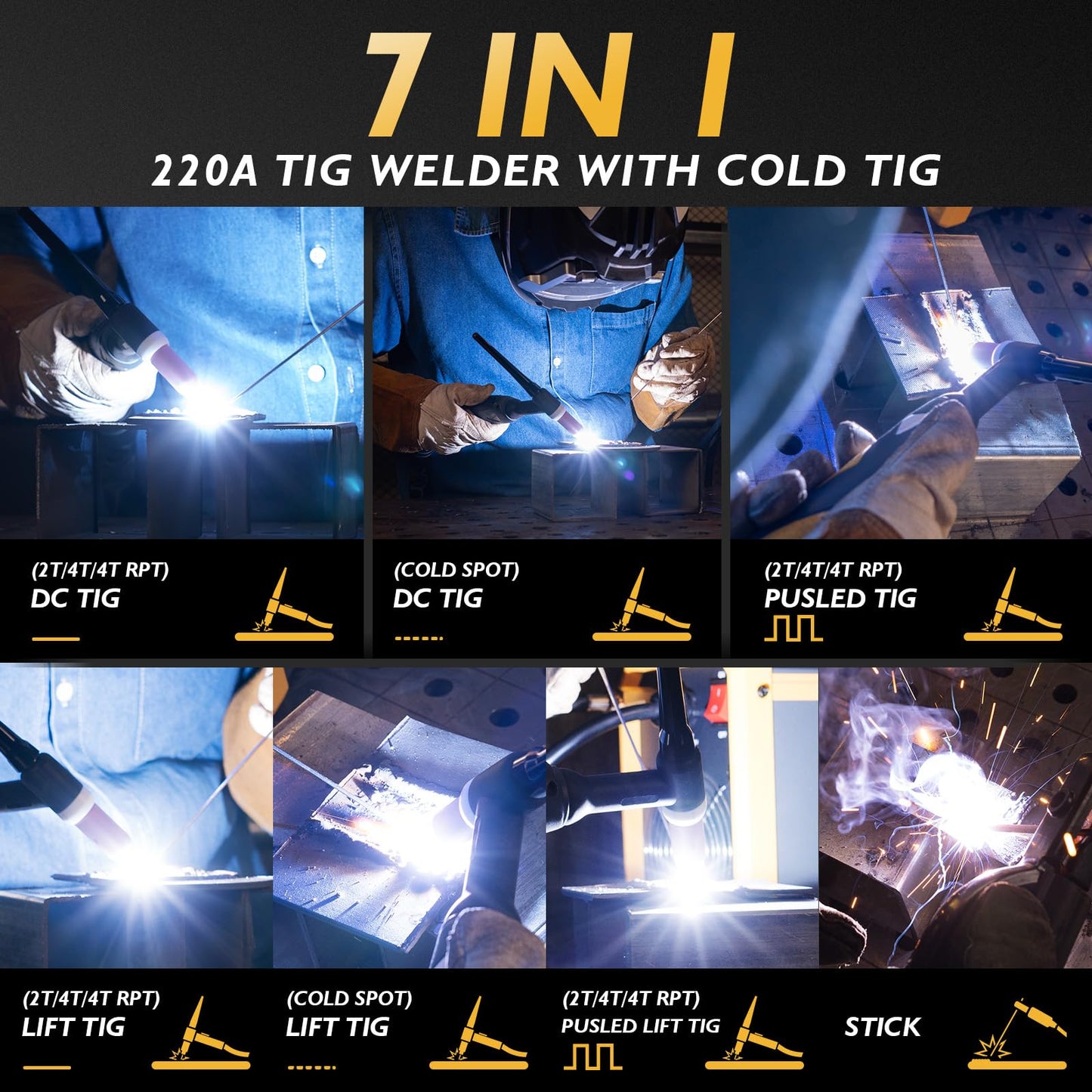 TOOLIOM 220A Cold TIG Welder with DC Pulse, 7 In 1 Cold Spot Lift TIG/Stick Welder with IGBT Inverter, 110&220V Welding Machine with Large Digital Display 2T/4T/4T PRT Mode TIG Welding Equipment