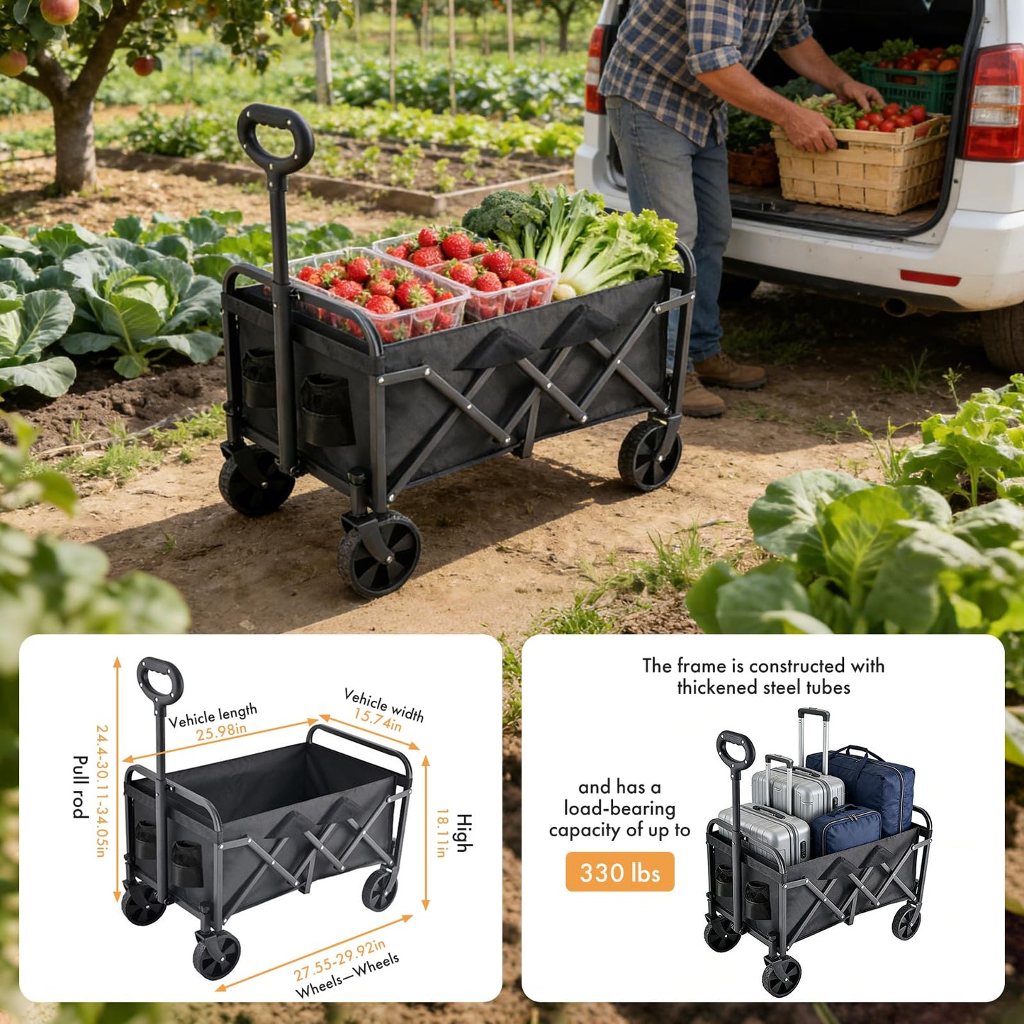 Wagons Carts Foldable,Portable Utility Shopping Cart with Wheels, 600D Double Oxford Cloth，Folding Outdoor Wagon Cart ，Portable Utility Outdoor Wagon for Grocery，Collapsible Wagon with Wheels