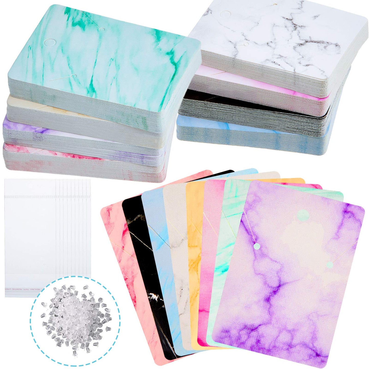 Hicarer 800 Pcs Earring Cards Marble Design Jewelry Display Card Holder Set, 200 Pieces 8 Colors Earring Cards 200 Pieces Self-Seal Bags and 400 Earrings Backs for DIY Jewelry(Classic Style)