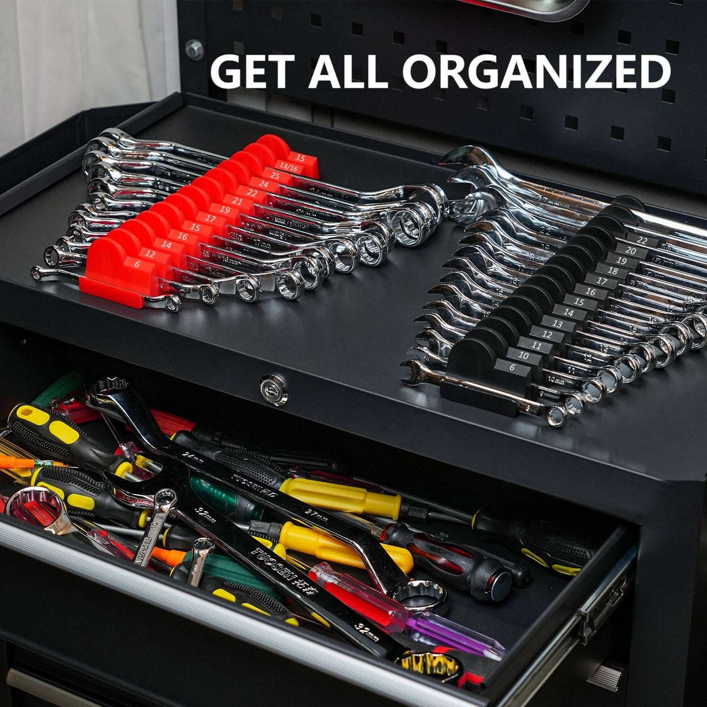 48 pcs Magnetic Modular Wrench Organizers for Tool Drawers - Wrench Rack with Metric&SAE Labels, Perfect Tool Storage Holder with Magnet. Gift for father, brother and boyfriend (Red with magnets)