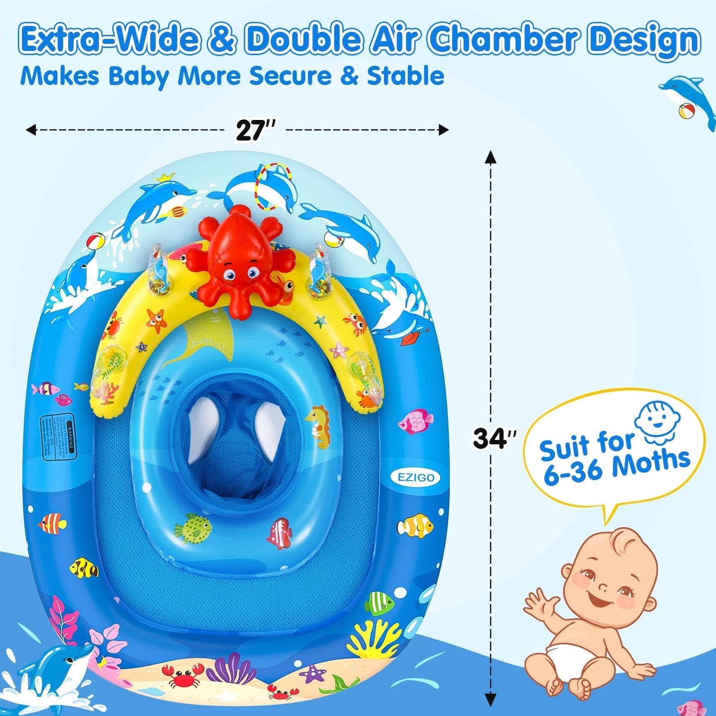 EZIGO Baby Pool Float with Canopy UPF50+ Sun Protection, Inflatable Kids Pool Floats with Ocean Animal Toys for Babies 6-36 Months, Infant Swimming Float with Adjustable Safety Seat for Boys Girls