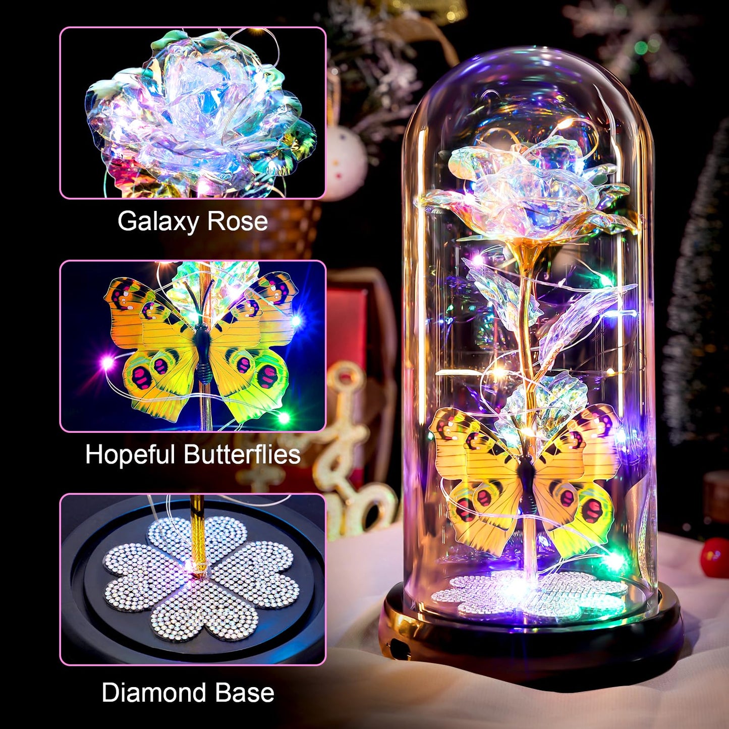 Mothers Day Rose Gifts for Mom Birthday Gift for Women, Rechargeable Galaxy Glass Rose in Glass Dome Colorful Crystal Flower Butterfly Mother's Day Flowers Gifts for Women Mom Wife Grandma Daughter