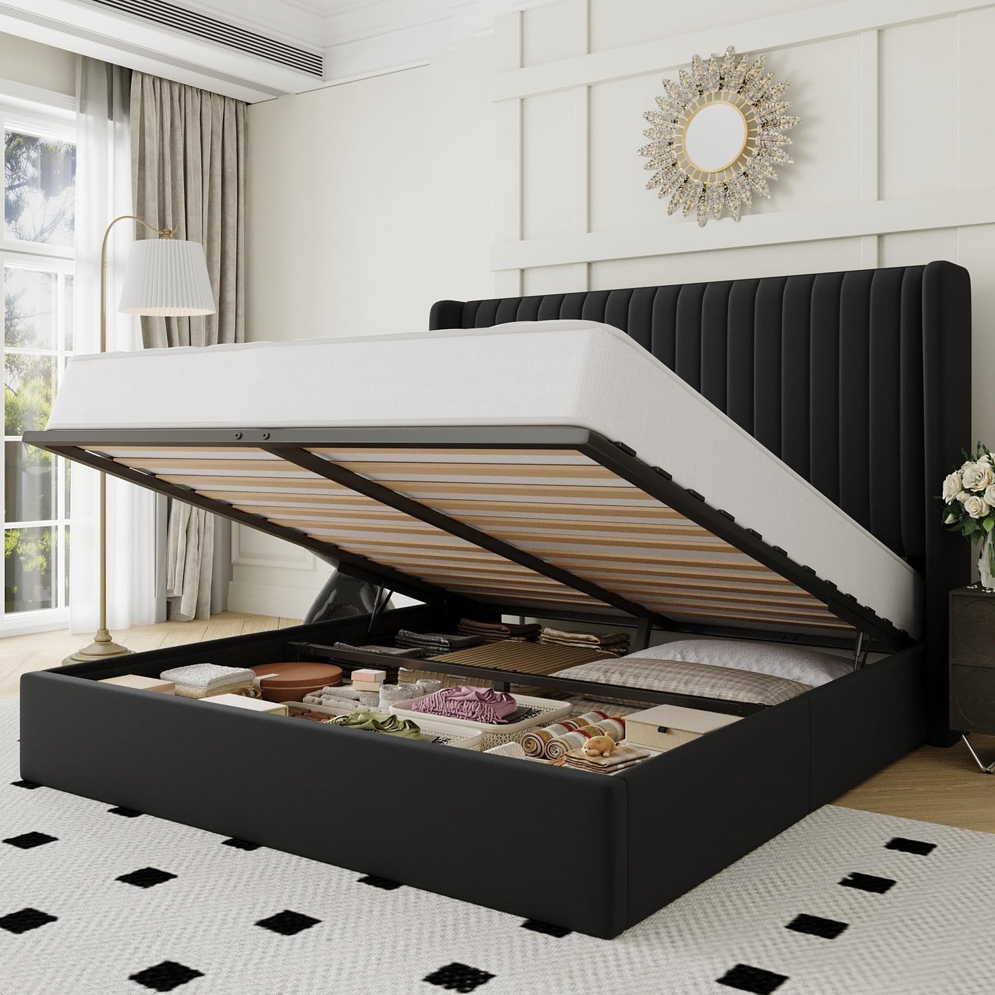 Allewie Queen Size Lift Up Storage Bed Frame, Hydraulic Support System, Upholstered Platform Bed Frame, Underneath Storage, Vertical Channel Tufted Headboard with Wingback, No Box Spring Needed, Black