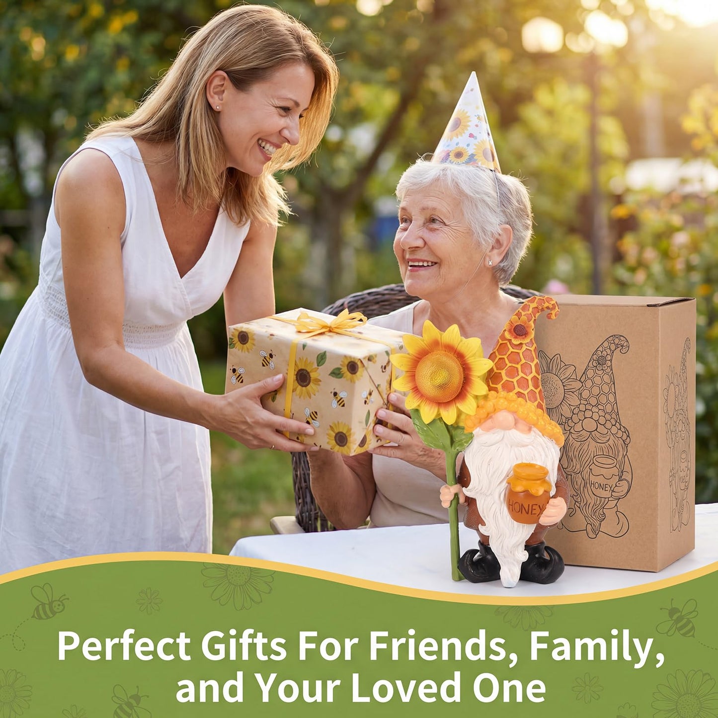 Lyeasw Solar Garden Gnome Statues with Sunflower Light - Outdoor Yard Decor - Honey Pot Gnome Figurines for Patio Lawn Walkway & Backyard, Unique Welcome Garden Gifts for Mom & Grandma
