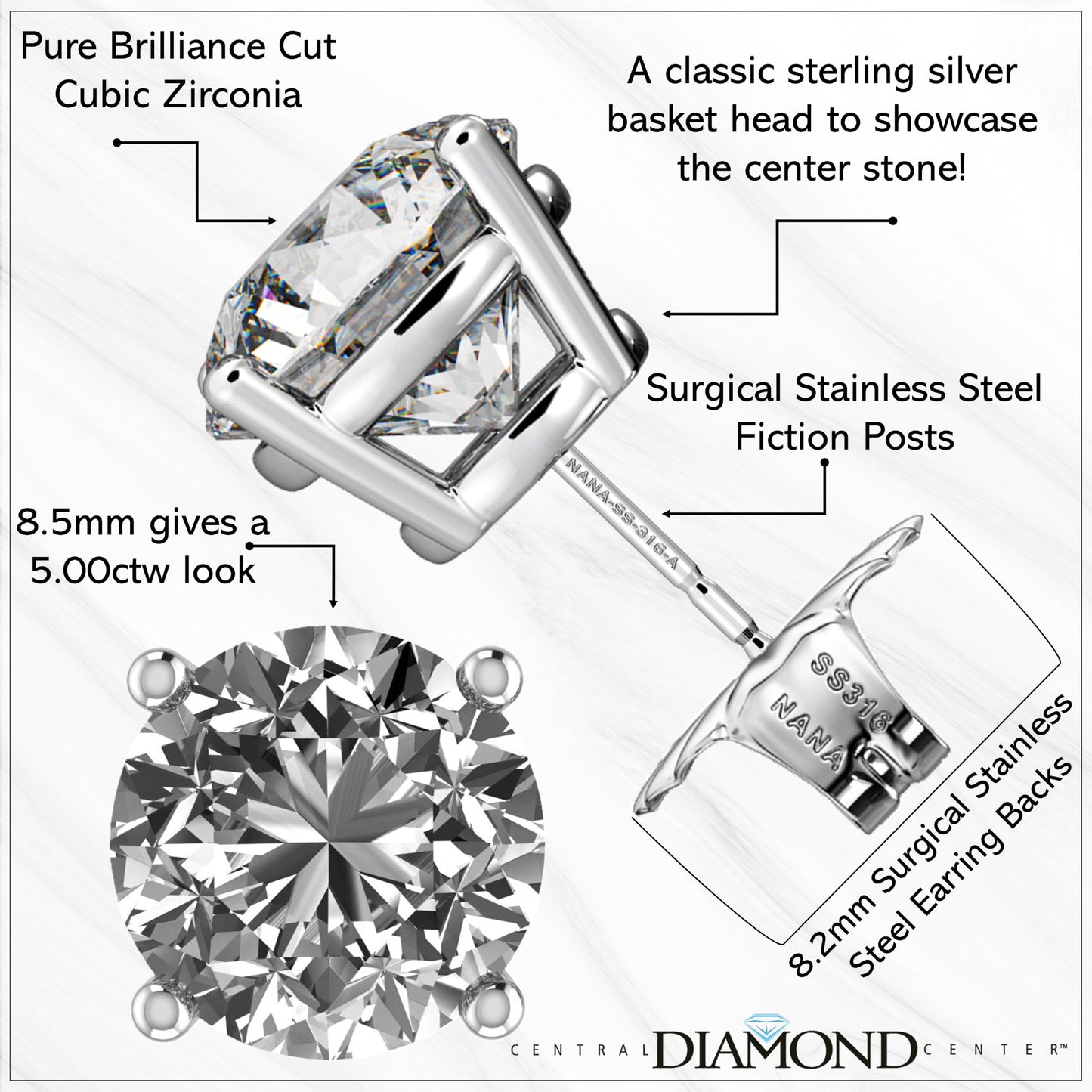 Central Diamond Center Round Simulated Diamond Stud Earrings Hypoallergenic Metal & Sterling Silver CZ - 8.50mm (5.00cttw) Rose