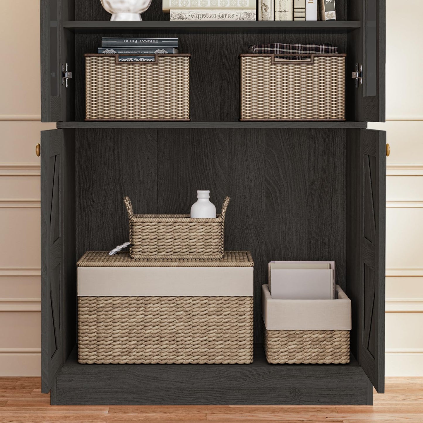 Vyre 71" Tall Farmhouse Kitchen Pantry, Set of 3 Large Storage Cabinets with Glass Doors, Freestanding Wood Hutch Cabinet with 3 Drawers, Adjustable Shelves for Living Room, Dining Room, Black