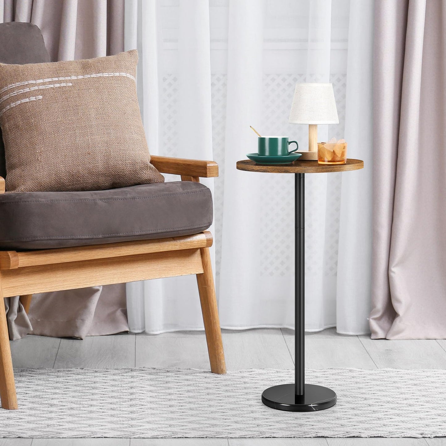 OYEAL Drink Side Table Small Round Cocktail Table for Patio Outdoor Pedestal Side Table Coffee Table with Black Marble Base for Sofa Couch, Rustic Brown & Black