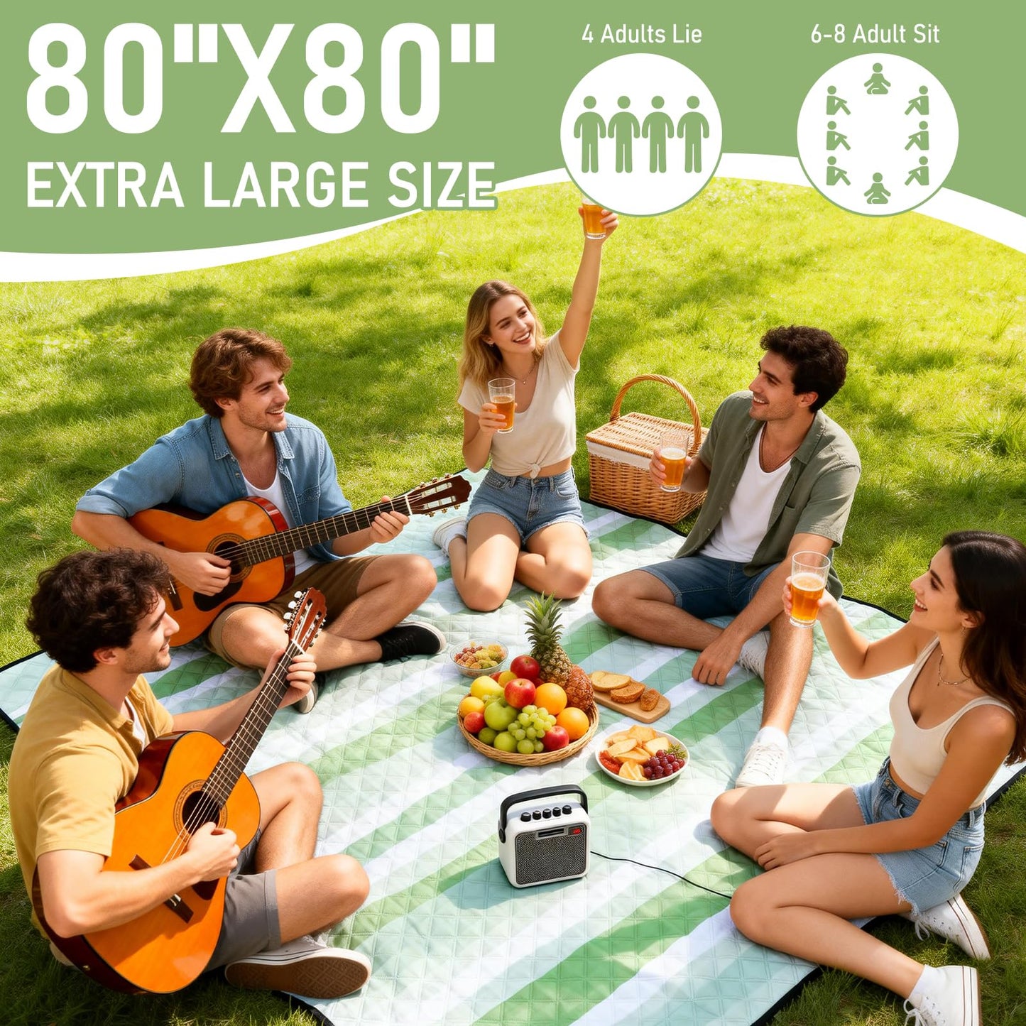 Alwaysturdy Big Picnic Blankets Beach Blanket Waterproof Sandproof, 80''x80'' Giant 5-Layer Outdoor Camping Blanket Rug Easily Foldable Picnic Mat for Grass, Hiking, Travel, Concerts, Indoor
