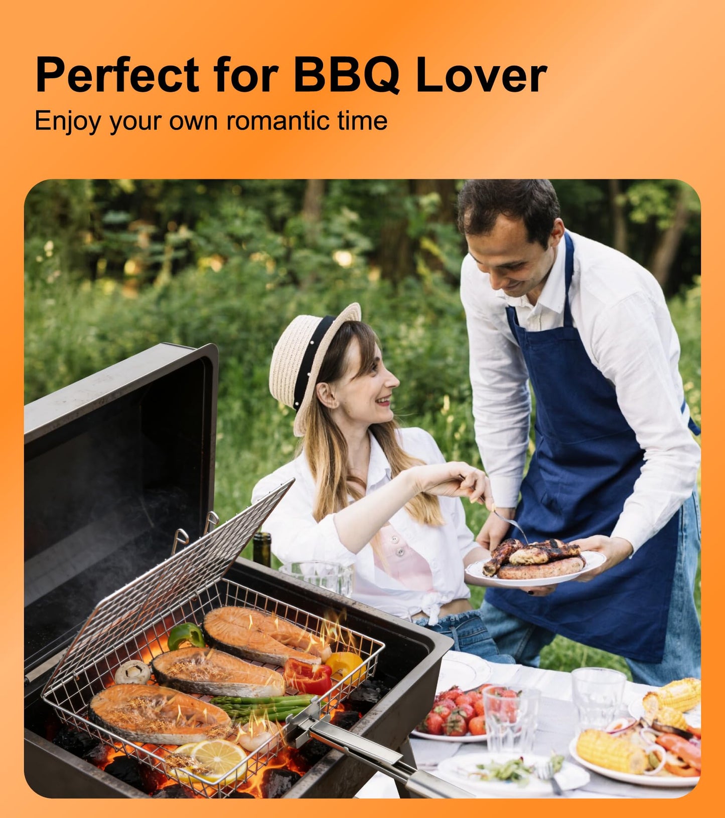 Grill Basket Set for Outdoor Grilling - Large Capacity Fish Grill Basket & Grilling Rack - Food Grade Stainless Steel Portable Flat Basket with Removable Handle for Vegetables, Shrimp & Camping (XL+L)