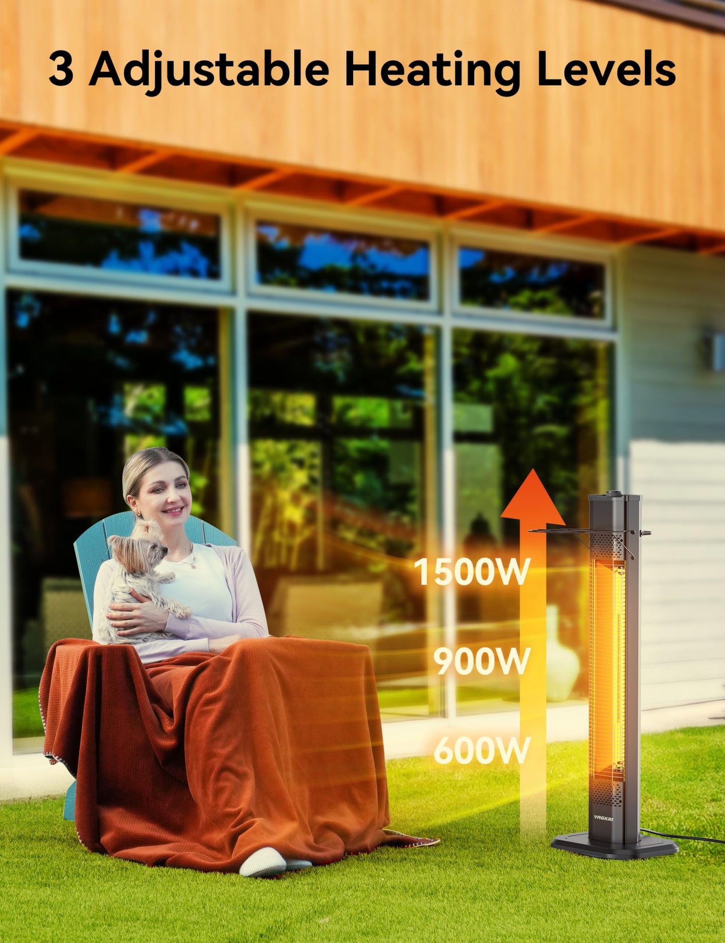 VAGKRI Outdoor Electric Patio Heater, 1500W Dual Carbon Tube Infrared Heater, Tip-Over & Overheat Protection,1S Instant Heat, IPX5 Waterproof, Tower Space Heater for Patio, Backyard & Garage