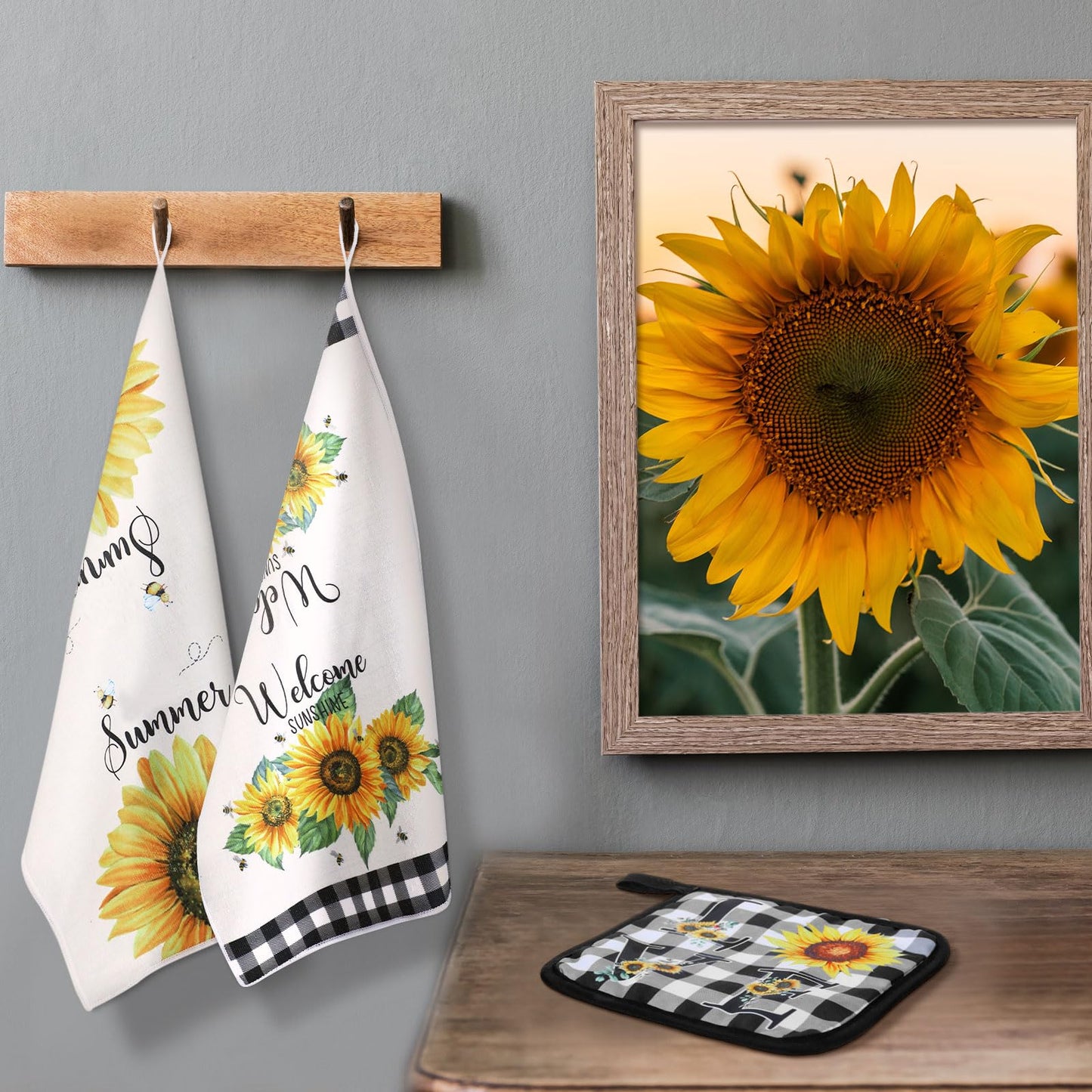 Bencailor 13 Pcs Sunflower Kitchen Set Sunshine Farmhouse Kitchen Decor Rustic Sunflower Dish Towels Retro Yellow Apron Oven Mitts and Pot Holders with Cute Wooden Tableware Set for Home