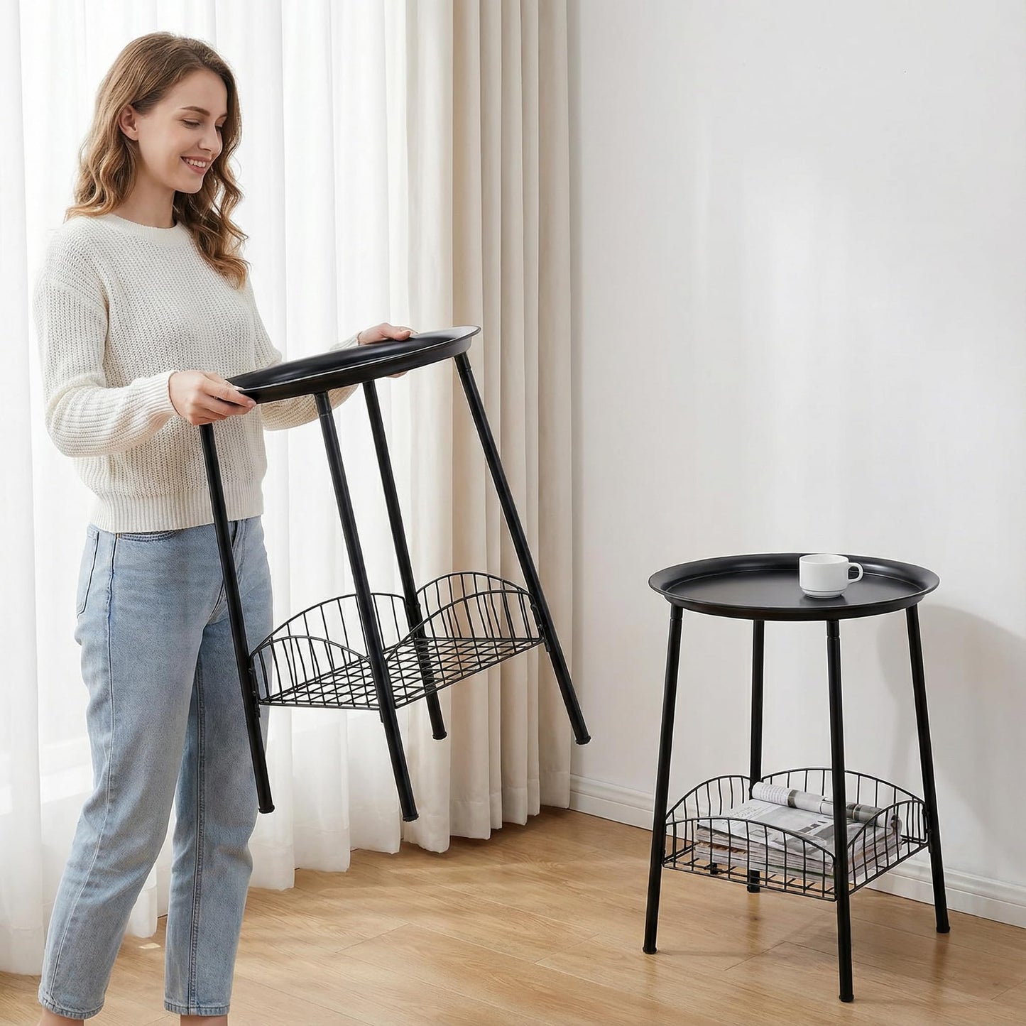 Luwesde 2 PCS Small Outdoor Side Table, 2-Tier Round Metal Patio Table, Accent Table Waterproof, Weather Resistant End Table for Yard Porch Pool Balcony Garden Bedside