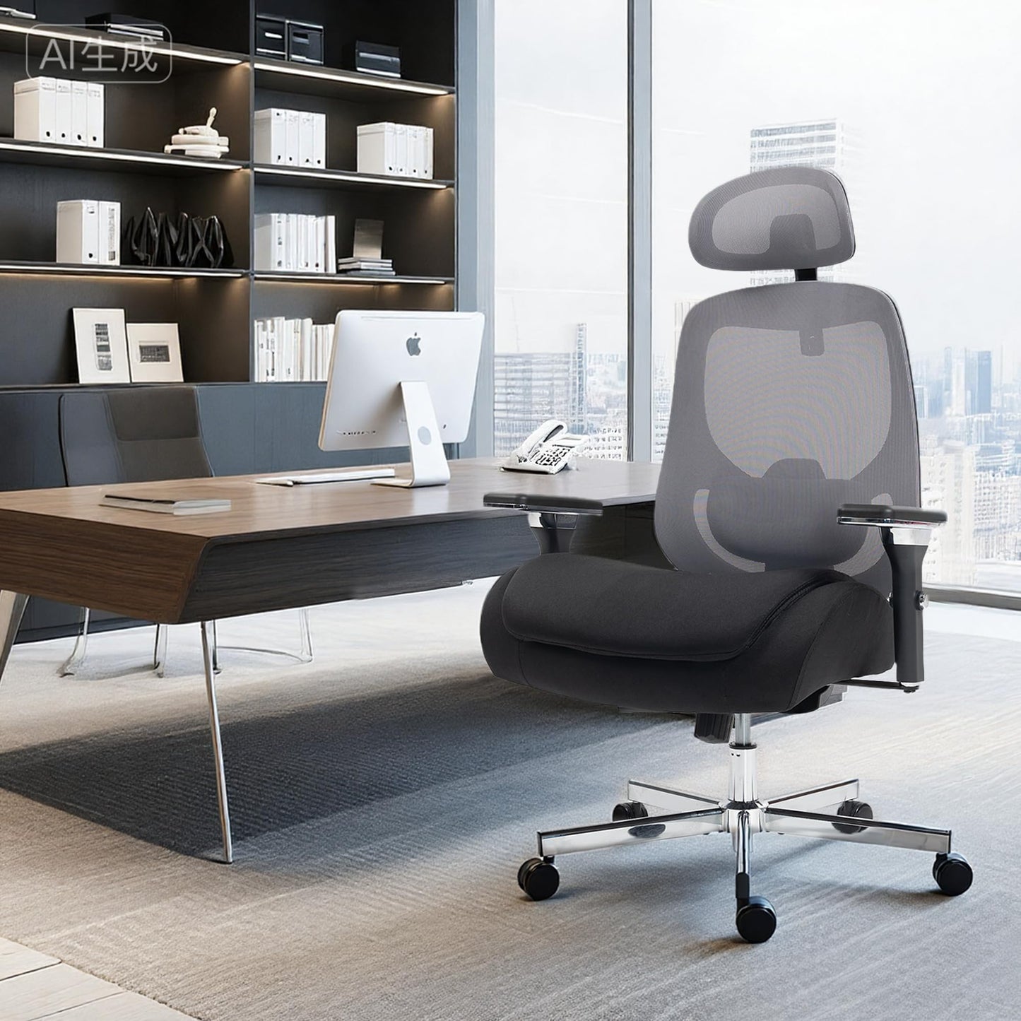 WENTUM 750 LBS Big and Tall Office Chair, Heavy Duty Executive Chair w/4D Arms, Ergonomic Computer Home Desk Chair, Swivel Mesh Chair w/2D Lumbar Support, Adjustable Headrest, Tilt Lock-Black and Grey