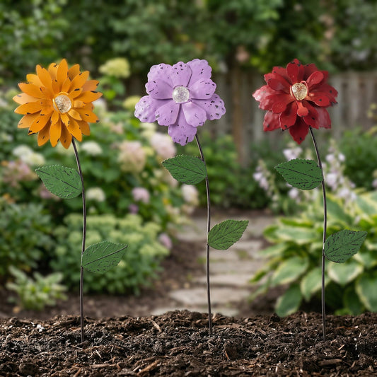 Topadorn 3 Pack Glow-in-the-Dark Flower Garden Stakes, Metal Plant Picks with Shaking Heads, Weatherproof Yard Pathway Decor