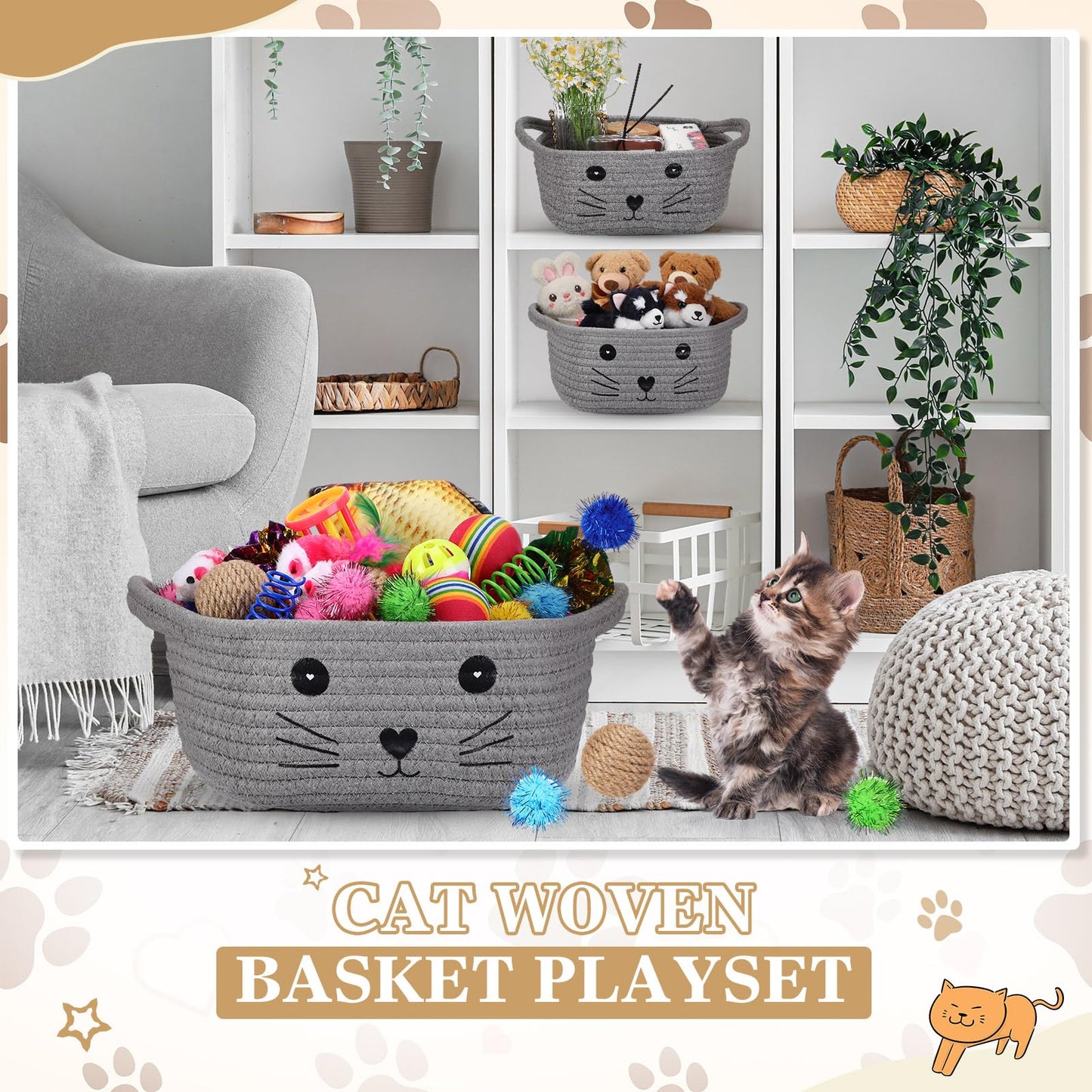 Zopeal 58 Pcs Mother’s Day Cat Storage Basket Gift Toys Set, Colorful Flashing Balls Pet Bell Crinkle Balls Spring Toys Attract Cat to Swat, Hunt, Interactive for Pet(Grey,9.8 Inch)