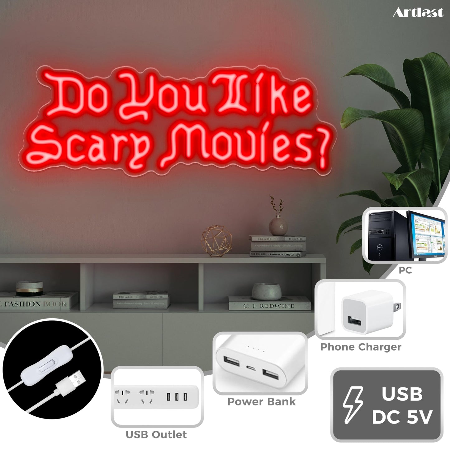 Artlast Do You Like Scary Movies Neon Sign LED Neon Light for Movie Night Party Decor Horror Movies Room Gothic Font Halloween Decoration 17"x5.98" Red Acrylic