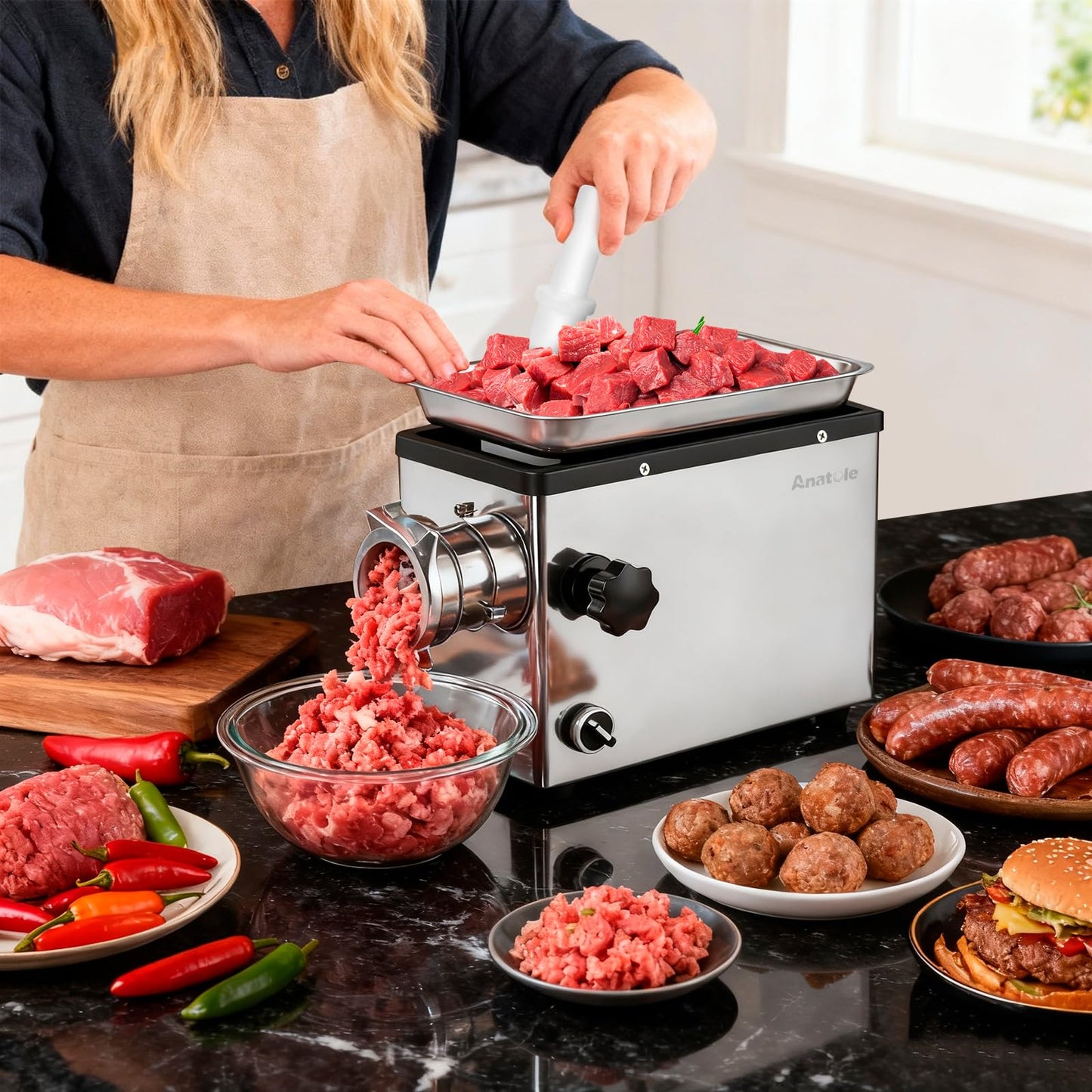Anatole Commercial Electric Meat Grinder 1.8 HP 1300 W Heavy Duty Meat Bones Mincer Stainless Steel Sausage Stuffer with 6 Grinding Plate 4 Blades for Restaurant Hotel 110V