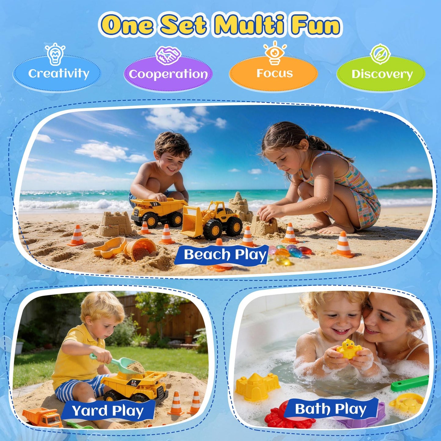 UBeesize 37 PCS Beach Toys , 3-in-1 Construction & Treasure Hunt Sand Toys with 2 Collapsible Buckets, 2 Trucks, Castle Building Kit, Sand Sifter and Shovels, Mesh Bag Sandbox Toys for Toddler 3-10