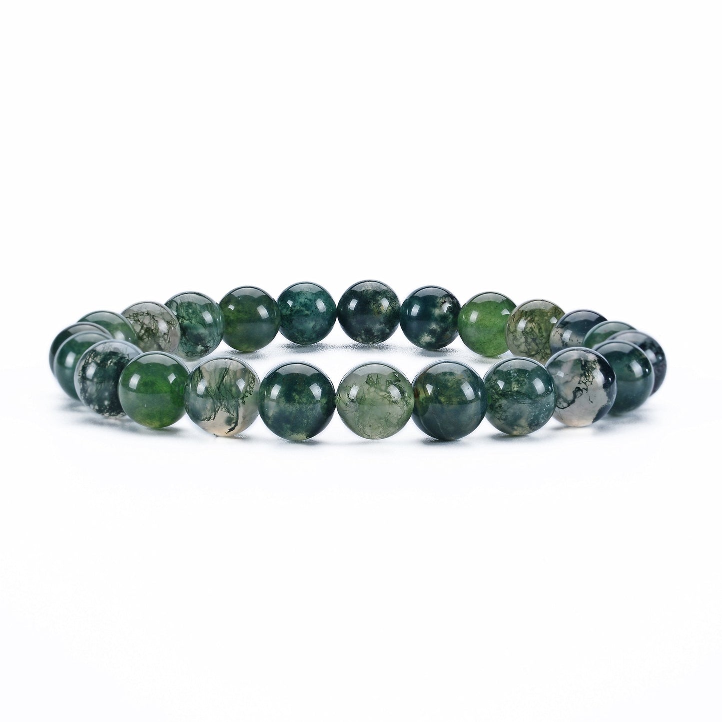 Cherry Tree Collection Moss Agate Beaded Bracelet – Genuine 8mm Gemstone Stretch Bracelet for Men & Women – Handmade Crystal Bracelet - (Moss Agate - S)