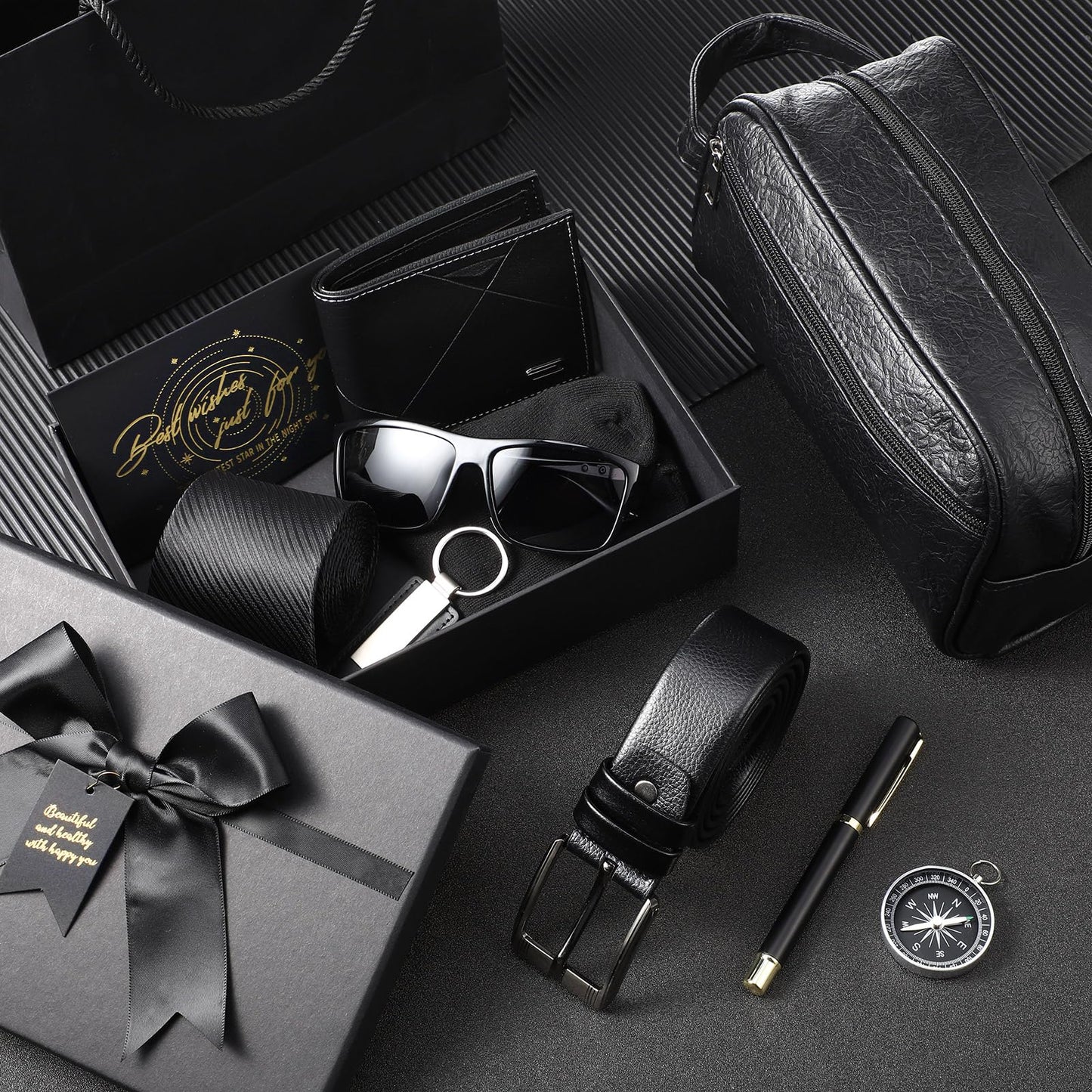 Geyoga 12 Pcs Men Father's Day Birthdays Gift Set with Box for Men Dad Basket PU Leather Wallet Leather Toiletry Bag Tie Socks Belt Keychain Sunglasses Pen Compass Set(Black)