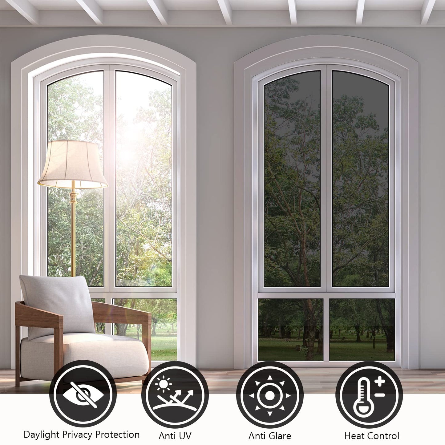 KESPEN Window Film One Way Daytime Privacy Static Cling Heat Control Glass Window Tint Mirror House Film, Black-Silver, 35.4 Inch X 32.8 Feet