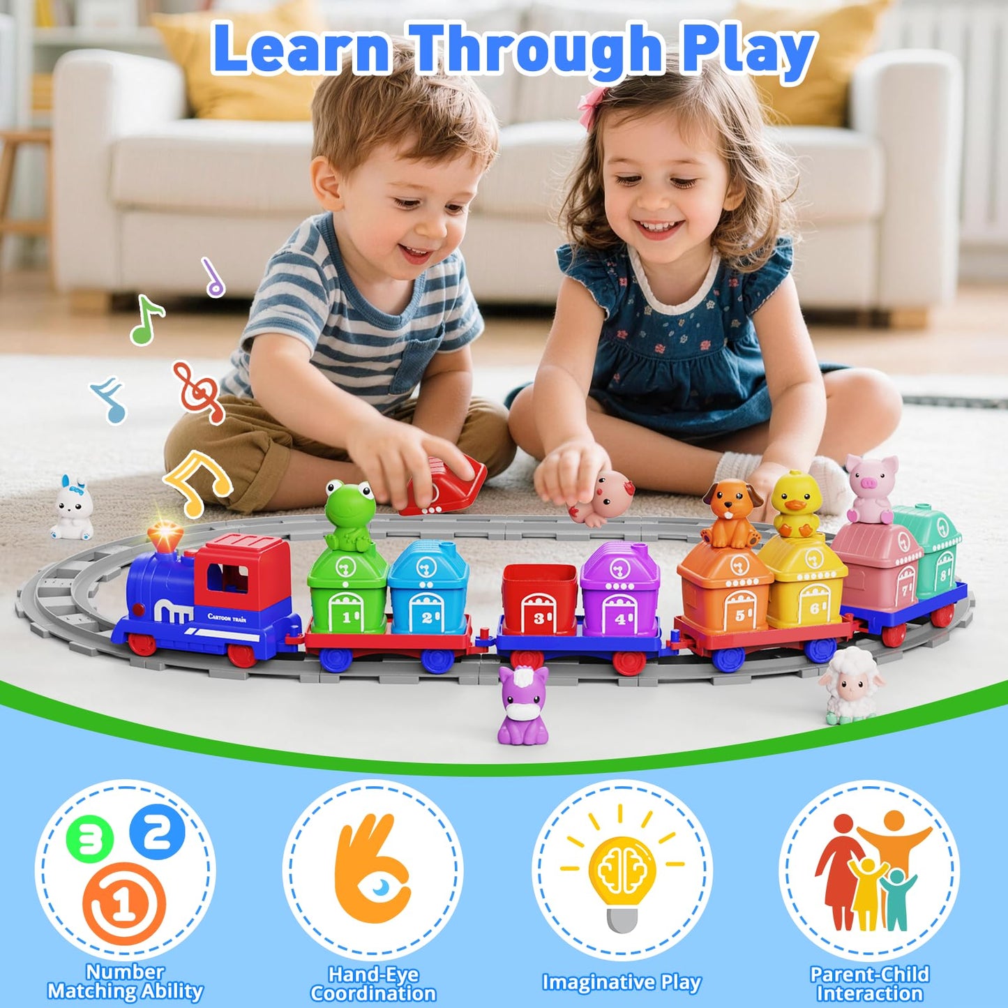 Cmiolacuna Train Set for Toddlers 2-4, Electric Toy Train with Farm Animals & Music & Lights, Montessori Counting & Sorting Learning Toys for 1 2 3 Year Old Boys Girls, Christmas Easter Birthday Gift