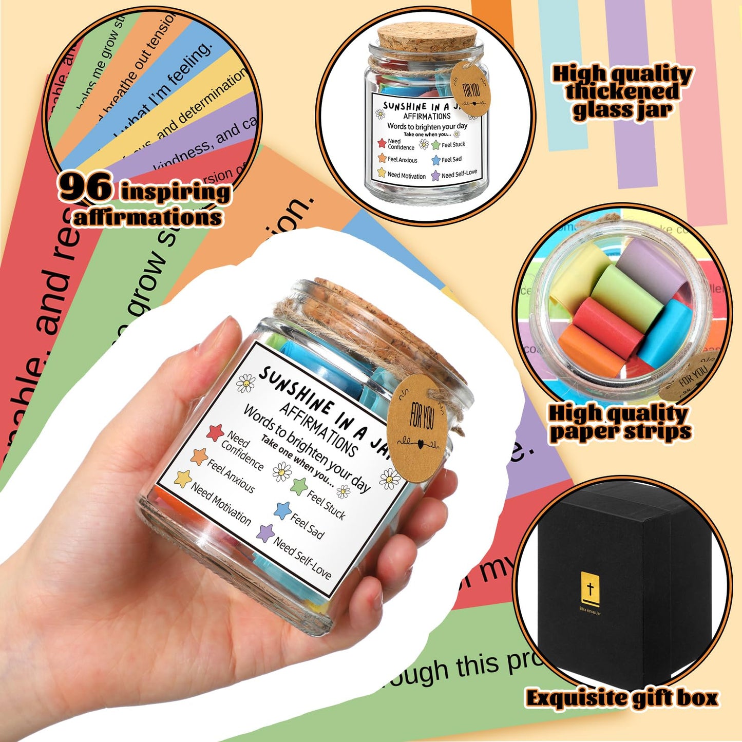 Sunshine in Glass Jar Positive Affirmations Jar for Sending You Sunshine Daily Uplifting Affirmations for Self Care and Positive Vibes Christian Gift for Friends Women Teachers Mother's Day