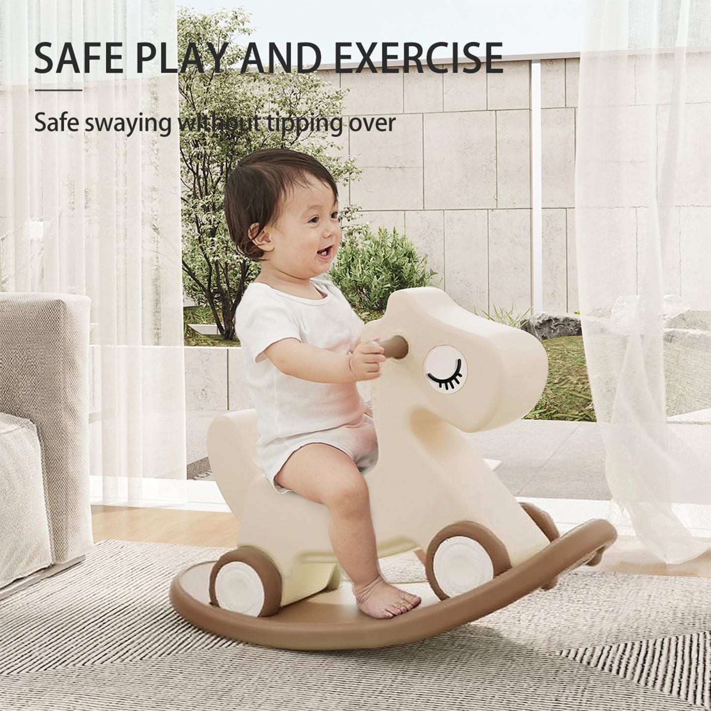 Deer COCO 4 in 1 Rocking Horse for Toddlers 1-3, Baby Ride On Toys with Balance Board & Push Handle, Convertible Push Car, Birthday Gift for 1 Year Old Boys Girls (Tan)