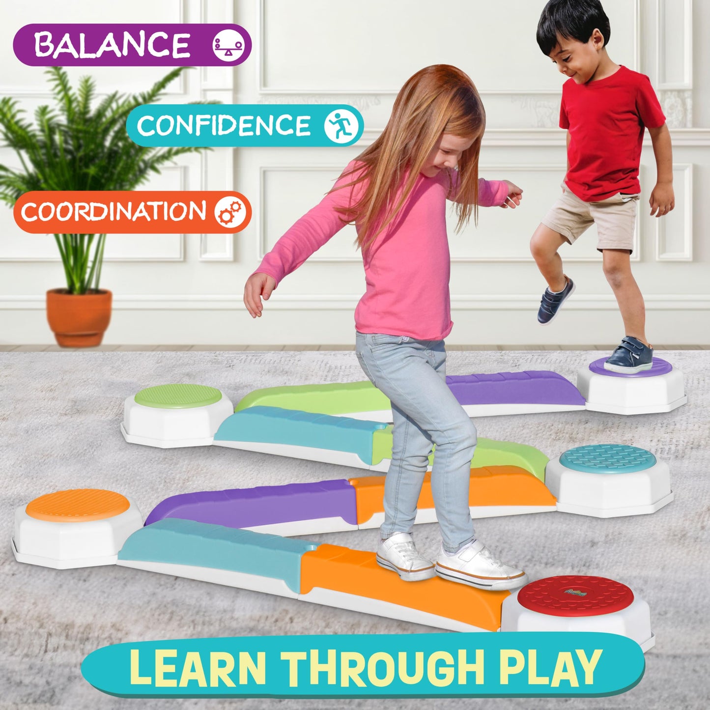 Balance Beam and Toddler Stepping Stones for Kids 13 Pieces, Sensory Play Toys for Toddlers, Indoor or Outdoor Play, Easy Stackable Storage