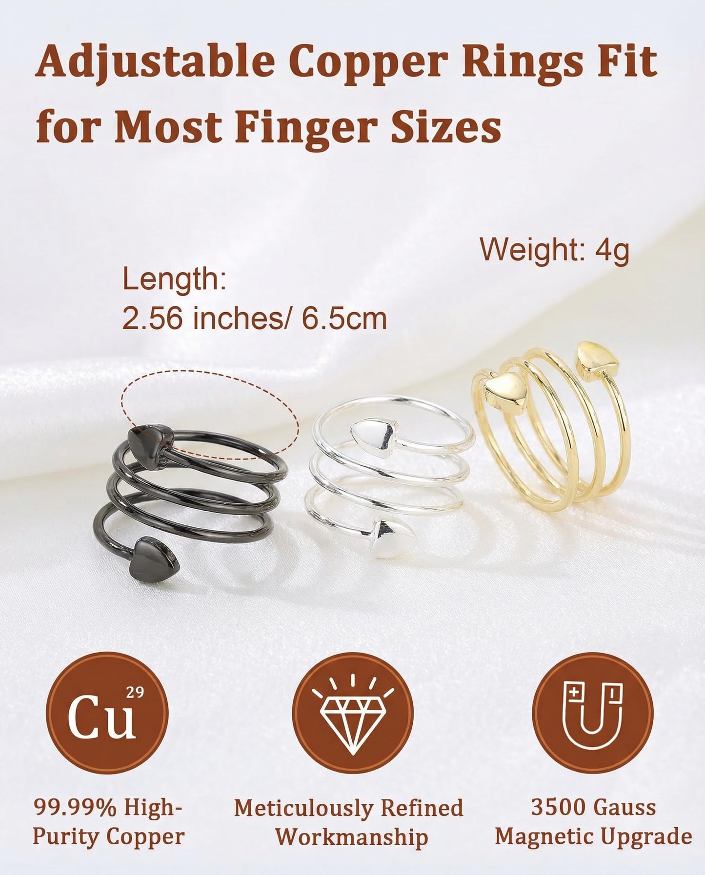 BioMag Copper Rings for Women, 99.99% Pure Copper Magnetic Rings Thumb Rings for Lymphatic Drainage, Adjustable Jewelry Gifts for Women (Black, Silver, Gold)