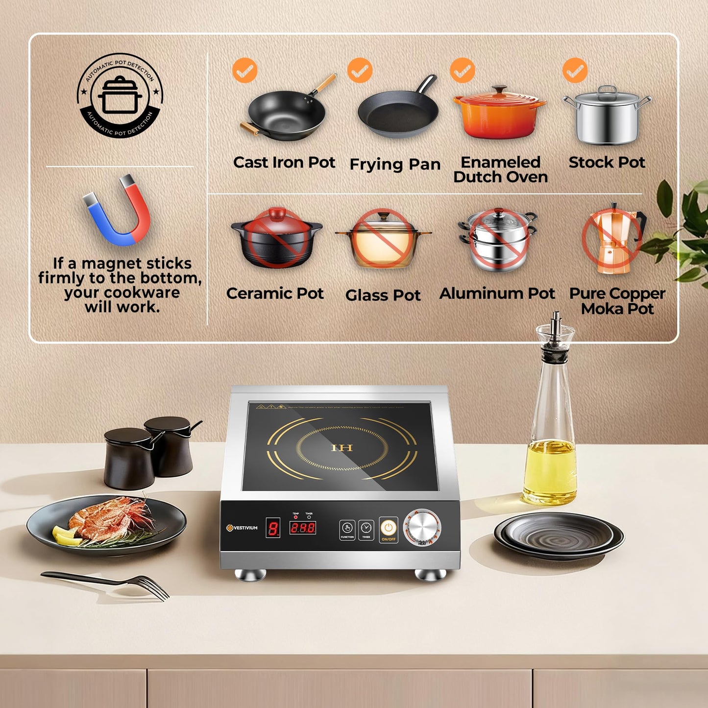 VESTIVIUM Commercial Induction Cooktop 3500W/220V, Professional Portable Countertop Burner, 9 Power/Temp Levels Dual Cooling Fans IPX4 Waterproof 72H Continuous Use, Overheat Protection