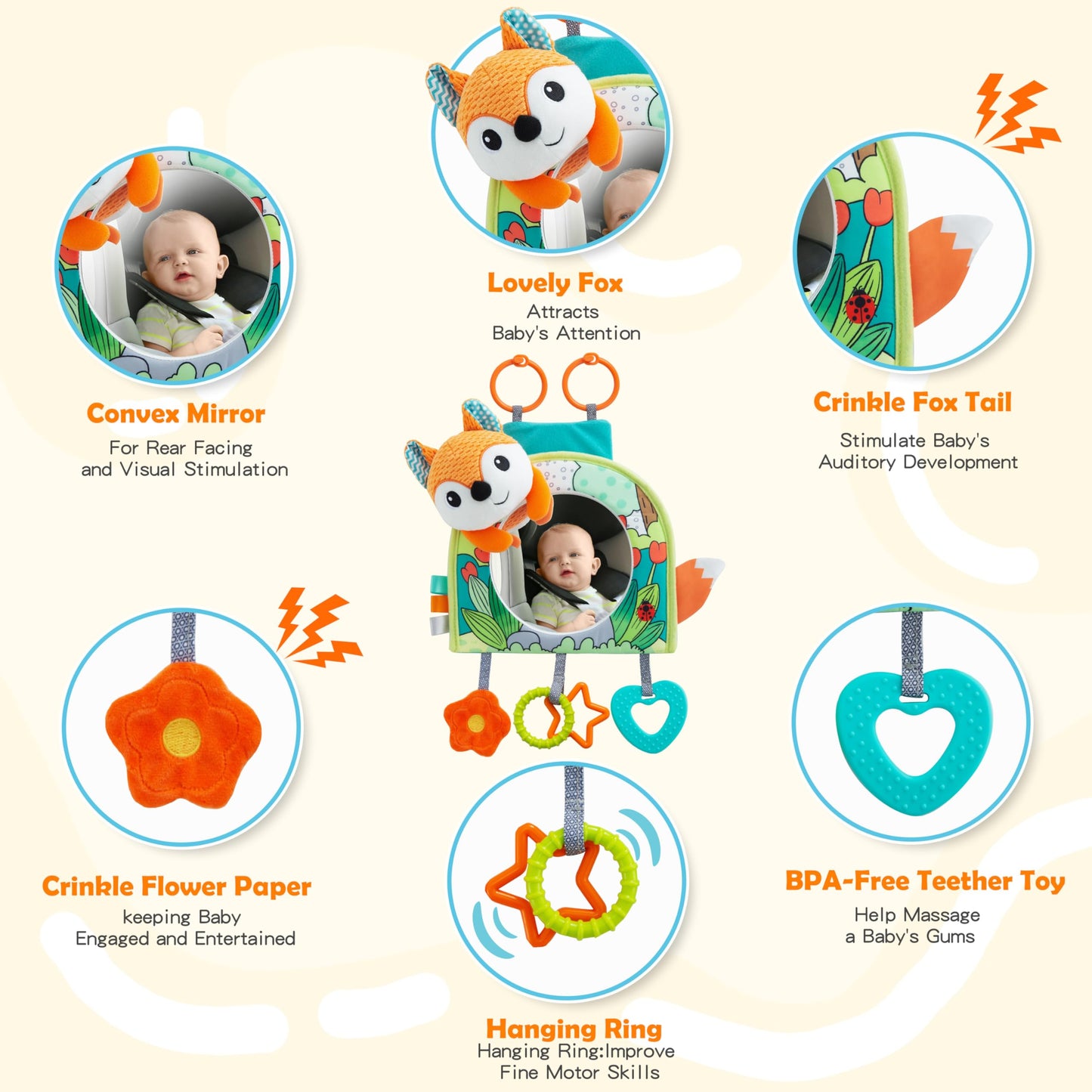 Lynncare Car Seat Toy, Baby Car Mirror Toy for Rear Facing, Travel Baby Activity Center with Hanging Engaging Toys for Infants Babies 0-6-12-18 Months Boy Girl