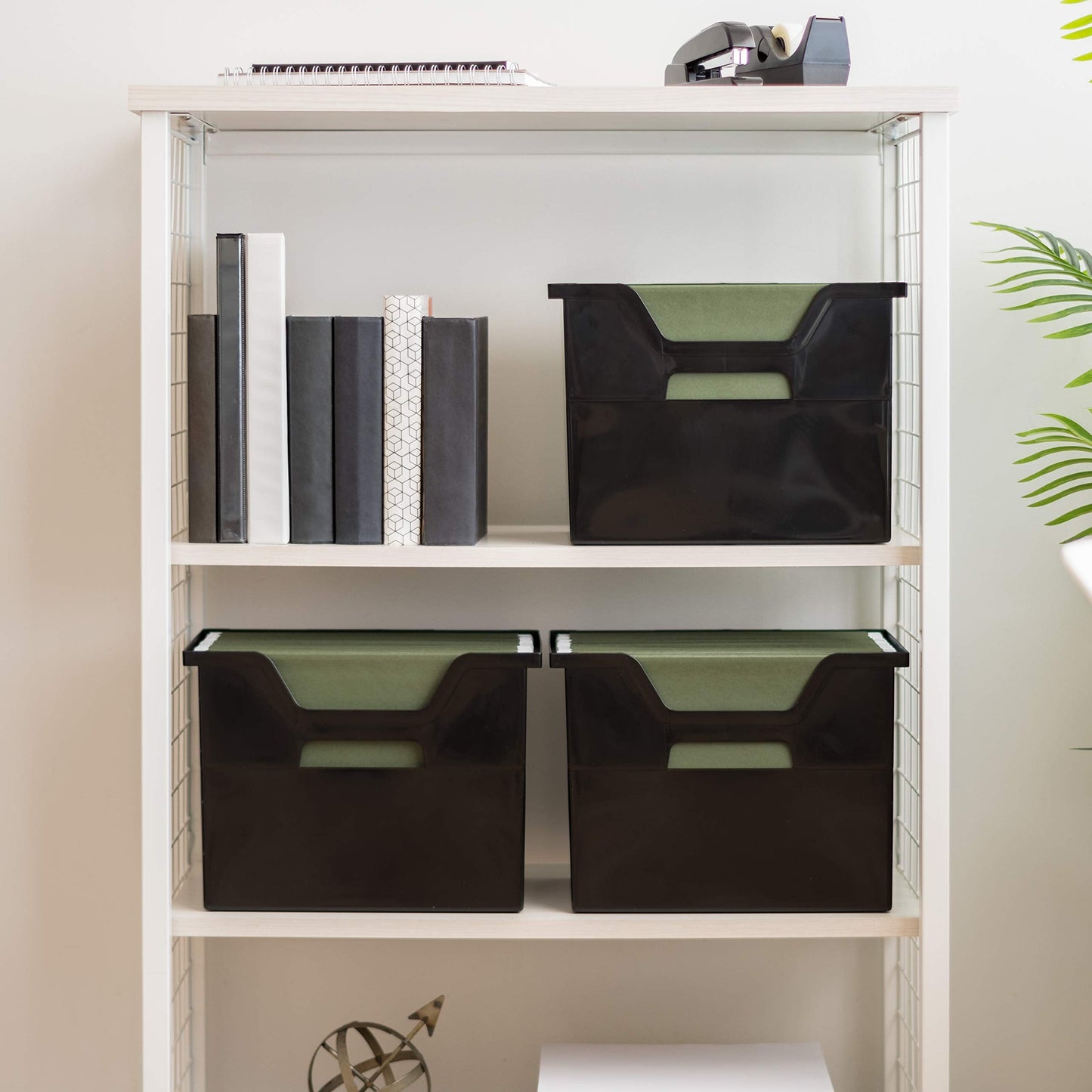 IRIS USA Large Portable Desktop File Box with Open Lid, 4 Pack, Side Handles, Hanging File Folders, Tabs & Inserts, Letter Size, Magazines, Newspapers, Mail, Books, Notebooks, Black