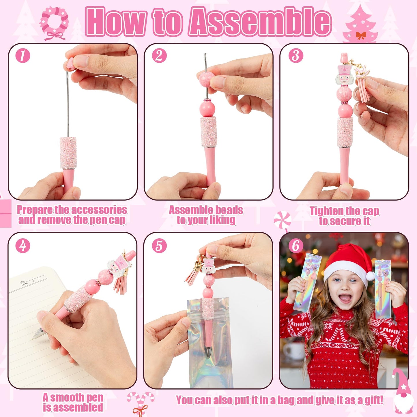 COcnny Christmas Nutcracker Beadable Pens - 12 Set Pink DIY Ballpoint Pen Making Kit with Bead Craft for Kids, Winter Beaded Pen Bulk Charm Tassel Supplies for Xmas Party Women School Students Gift